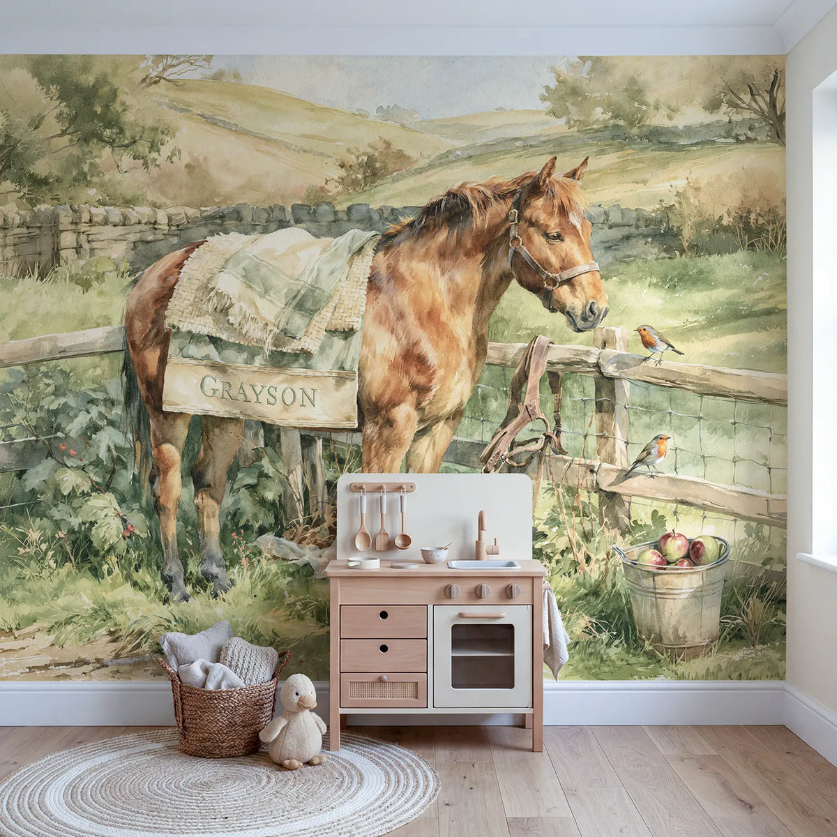 Pony Saddle Blanket Personalized Wall Mural in playroom setting by Whimsy Tots