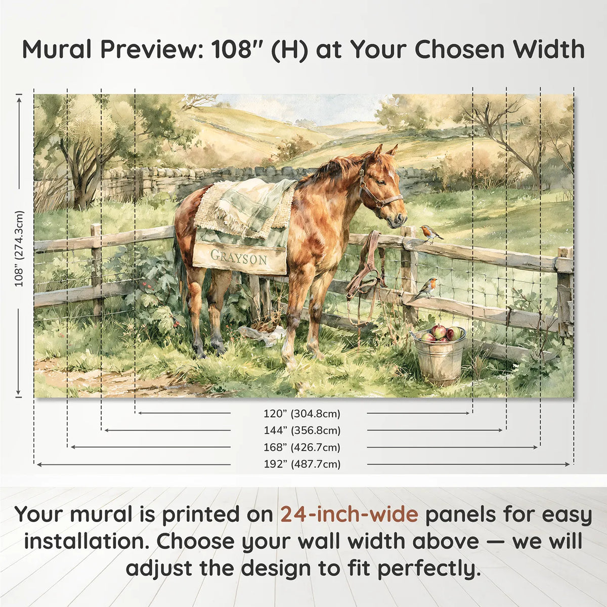 Panel layout and dimensions for Pony Saddle Blanket Personalized Wall Mural by Whimsy Tots
