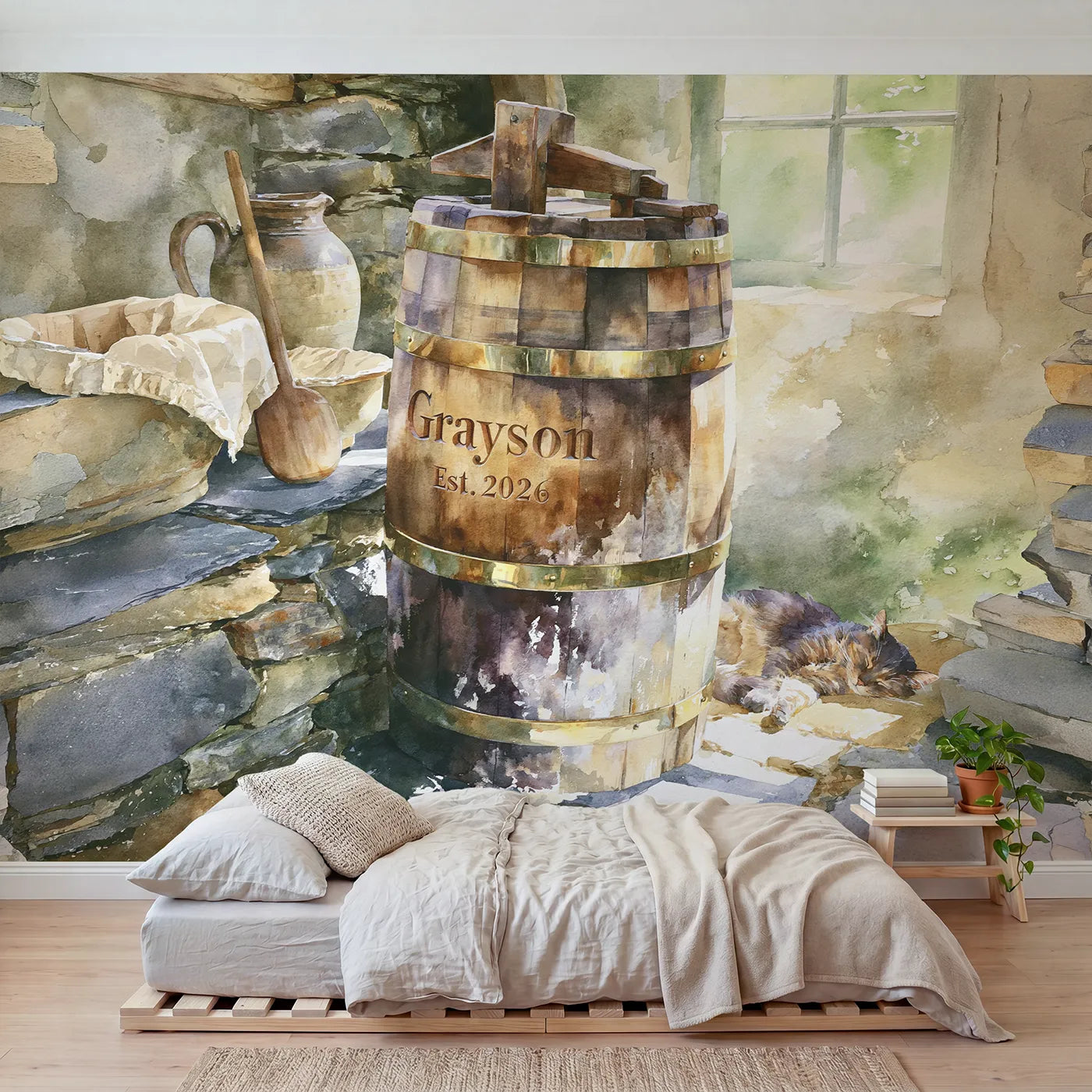 Watercolor dairy butter churn personalized wall mural with carved stave name and year by Whimsy Tots