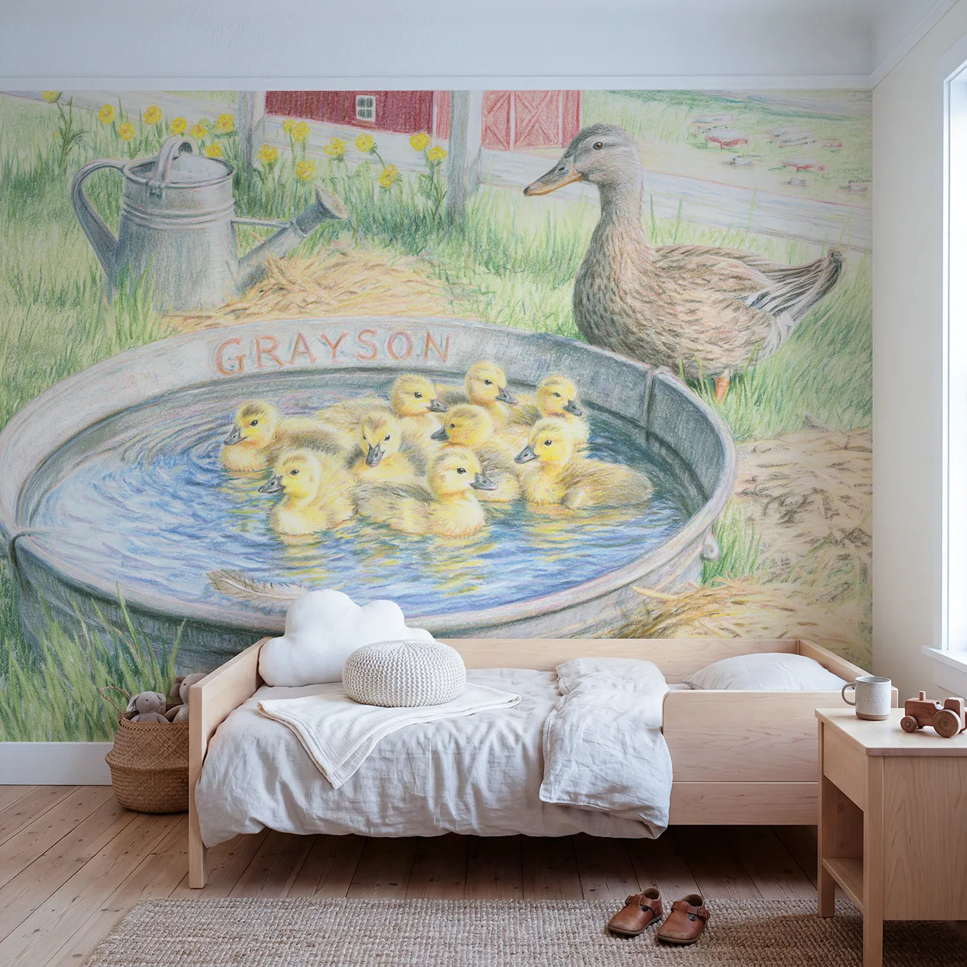 Colored pencil duckling trough personalized wall mural with painted rim name by Whimsy Tots