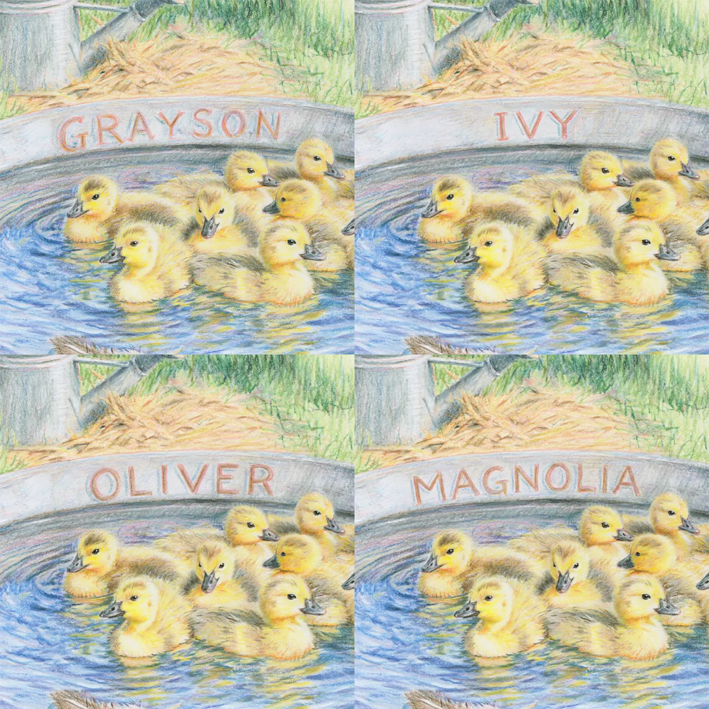 Four name preview examples of Duckling Watering Trough Personalized Wall Mural by Whimsy Tots