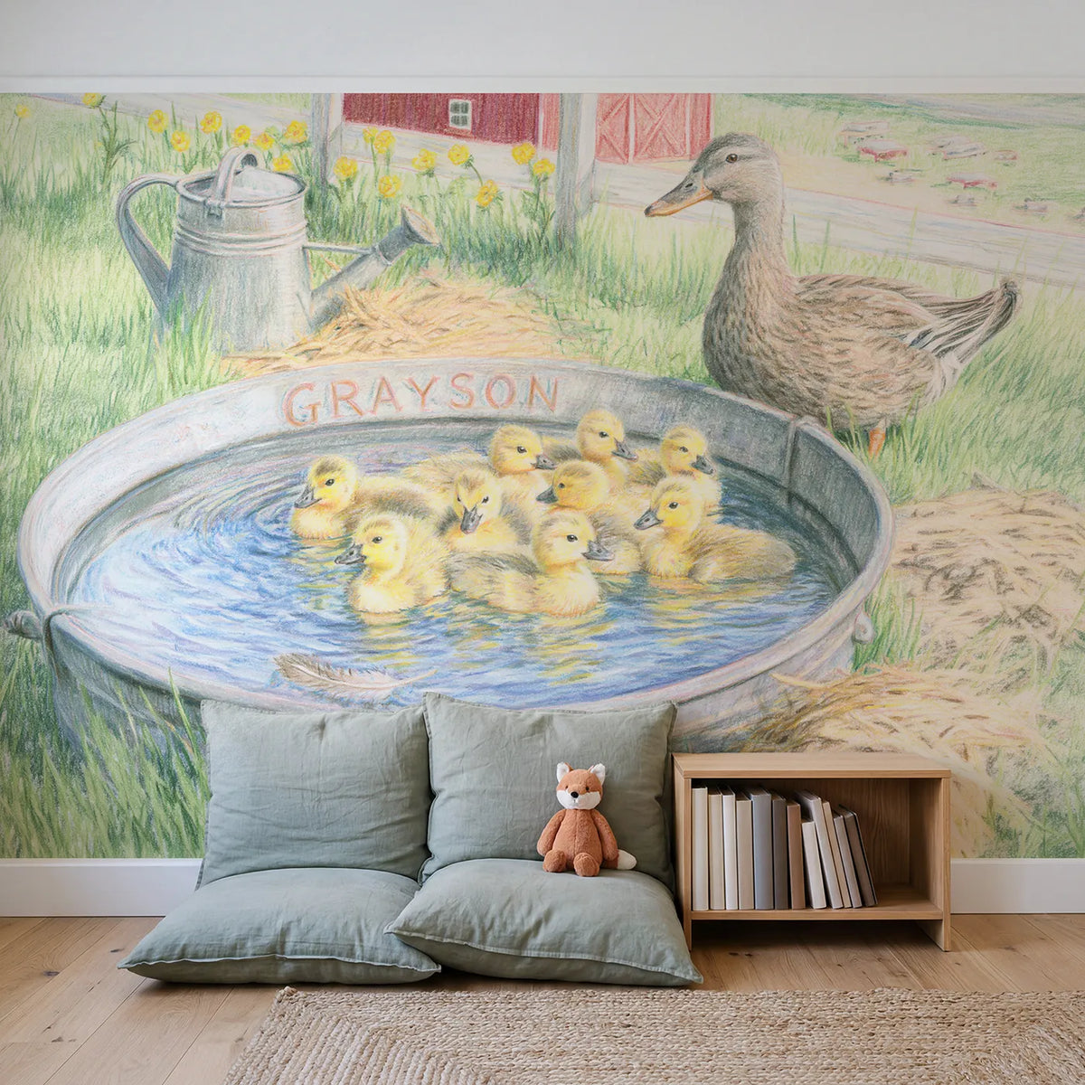 Duckling Watering Trough Personalized Wall Mural in playroom setting by Whimsy Tots