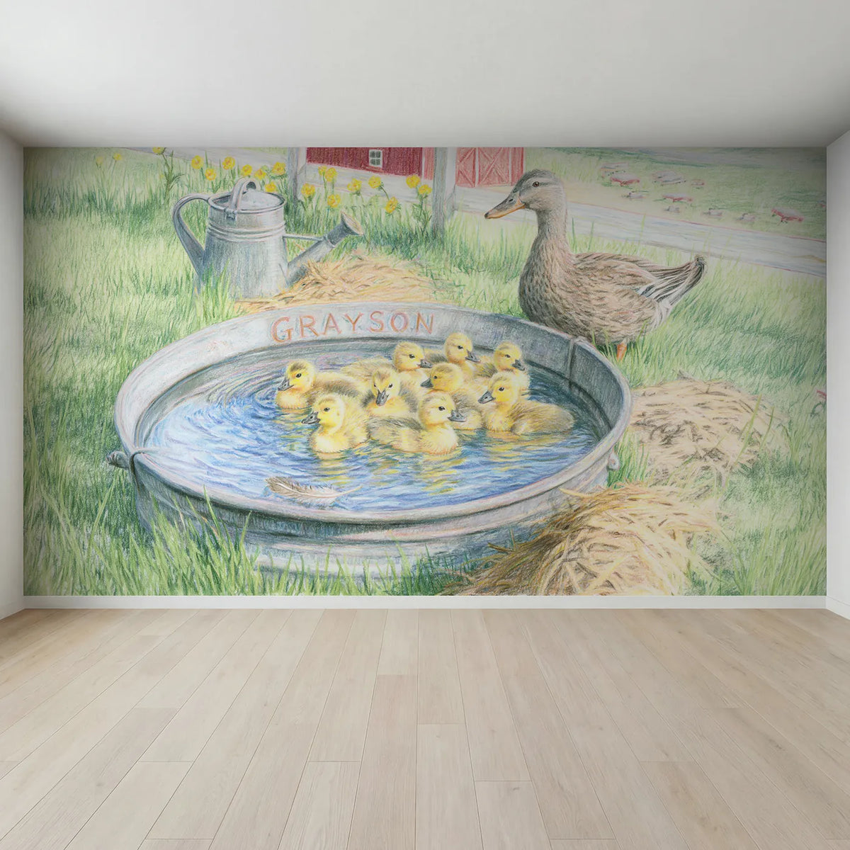 Full view of Duckling Watering Trough Personalized Wall Mural by Whimsy Tots