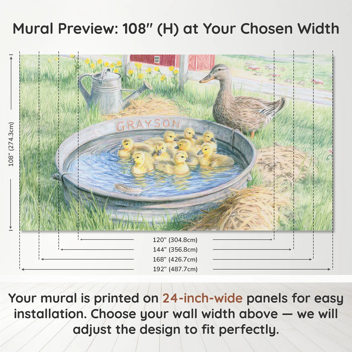 Panel layout and dimensions for Duckling Watering Trough Personalized Wall Mural by Whimsy Tots