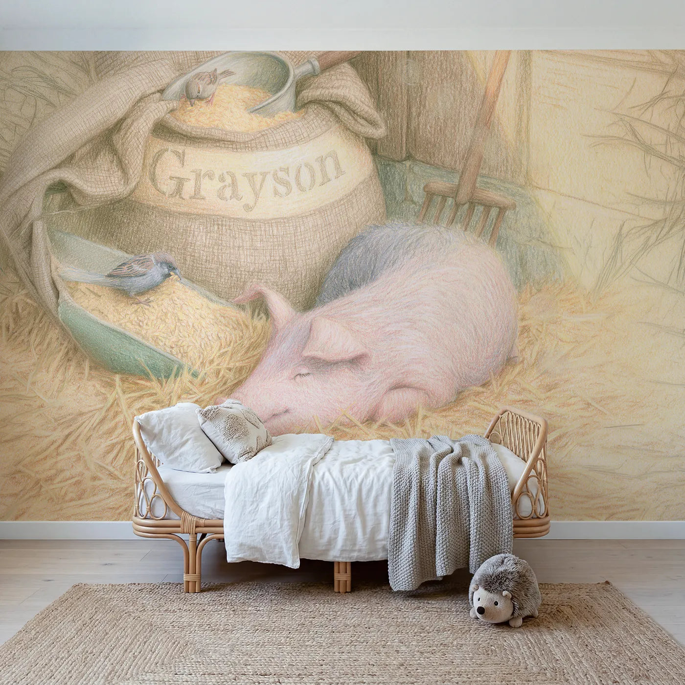 Colored pencil pig and feed sack personalized wall mural with stencilled hessian name by Whimsy Tots