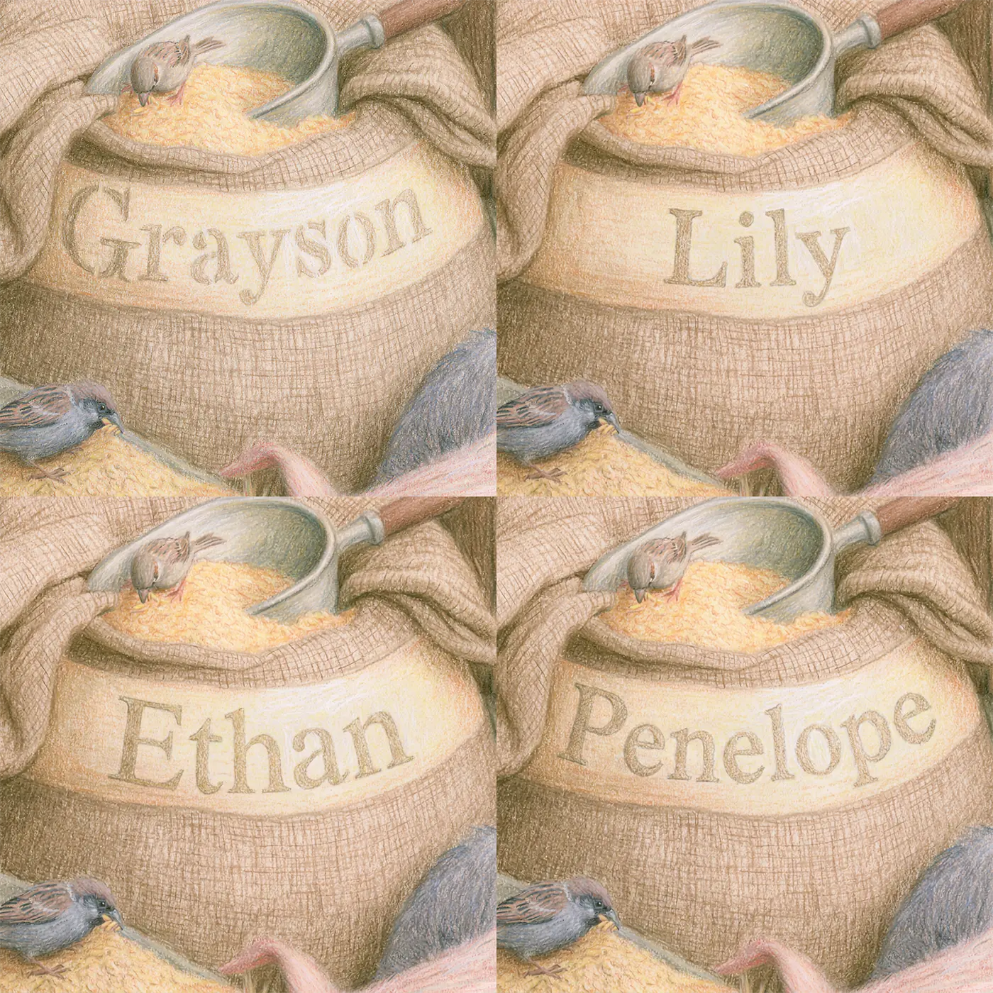 Four name preview examples of Pig and the Feed Sack Personalized Wall Mural by Whimsy Tots