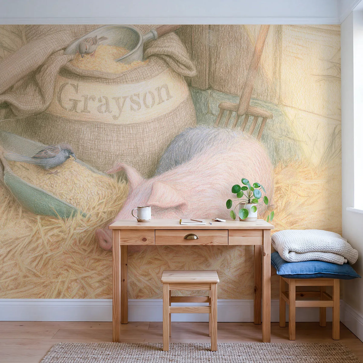 Pig and the Feed Sack Personalized Wall Mural in playroom setting by Whimsy Tots