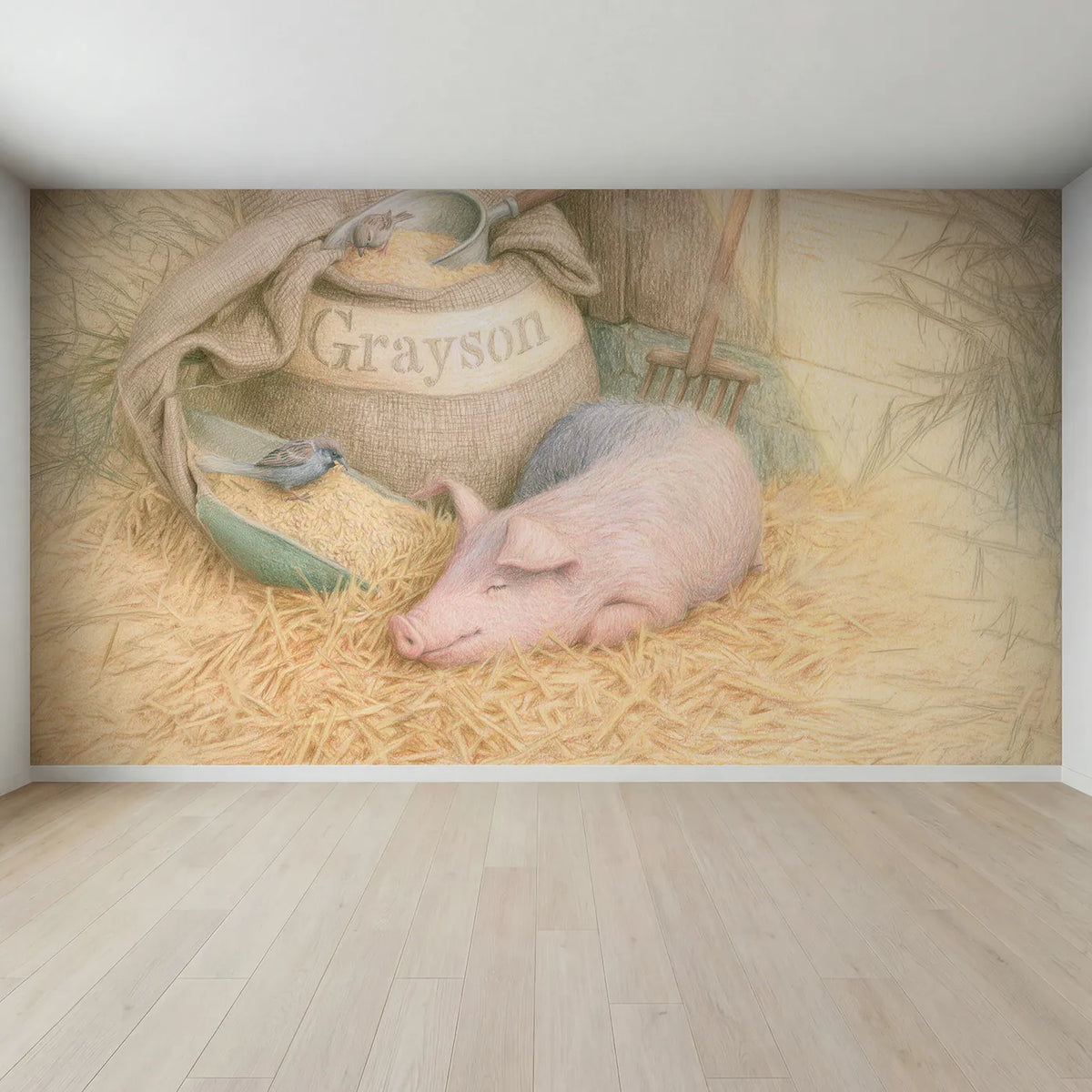 Full view of Pig and the Feed Sack Personalized Wall Mural by Whimsy Tots