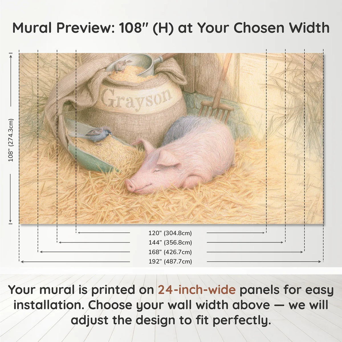 Panel layout and dimensions for Pig and the Feed Sack Personalized Wall Mural by Whimsy Tots