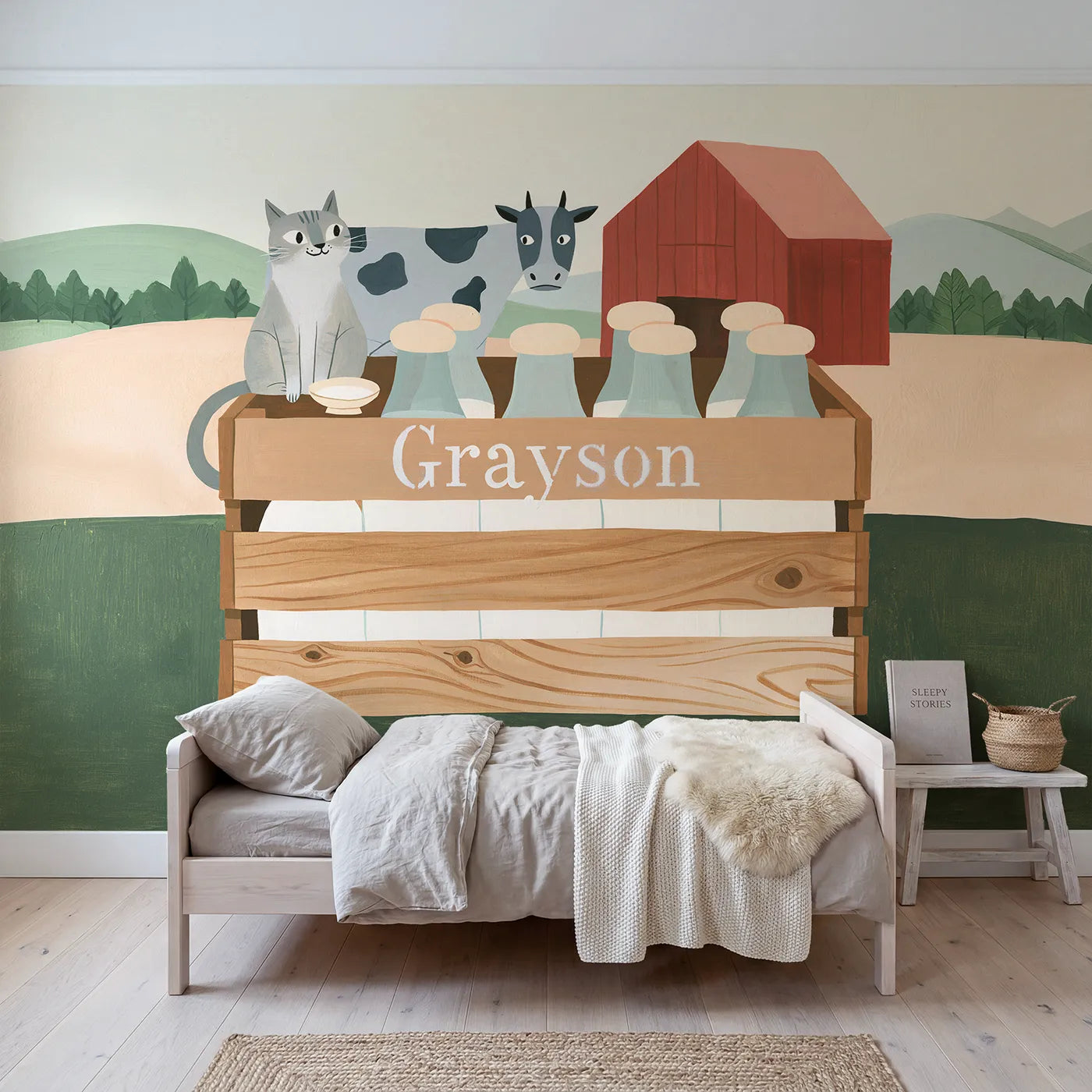 Modern illustration milk bottle crate personalized wall mural with stencilled front board by Whimsy Tots