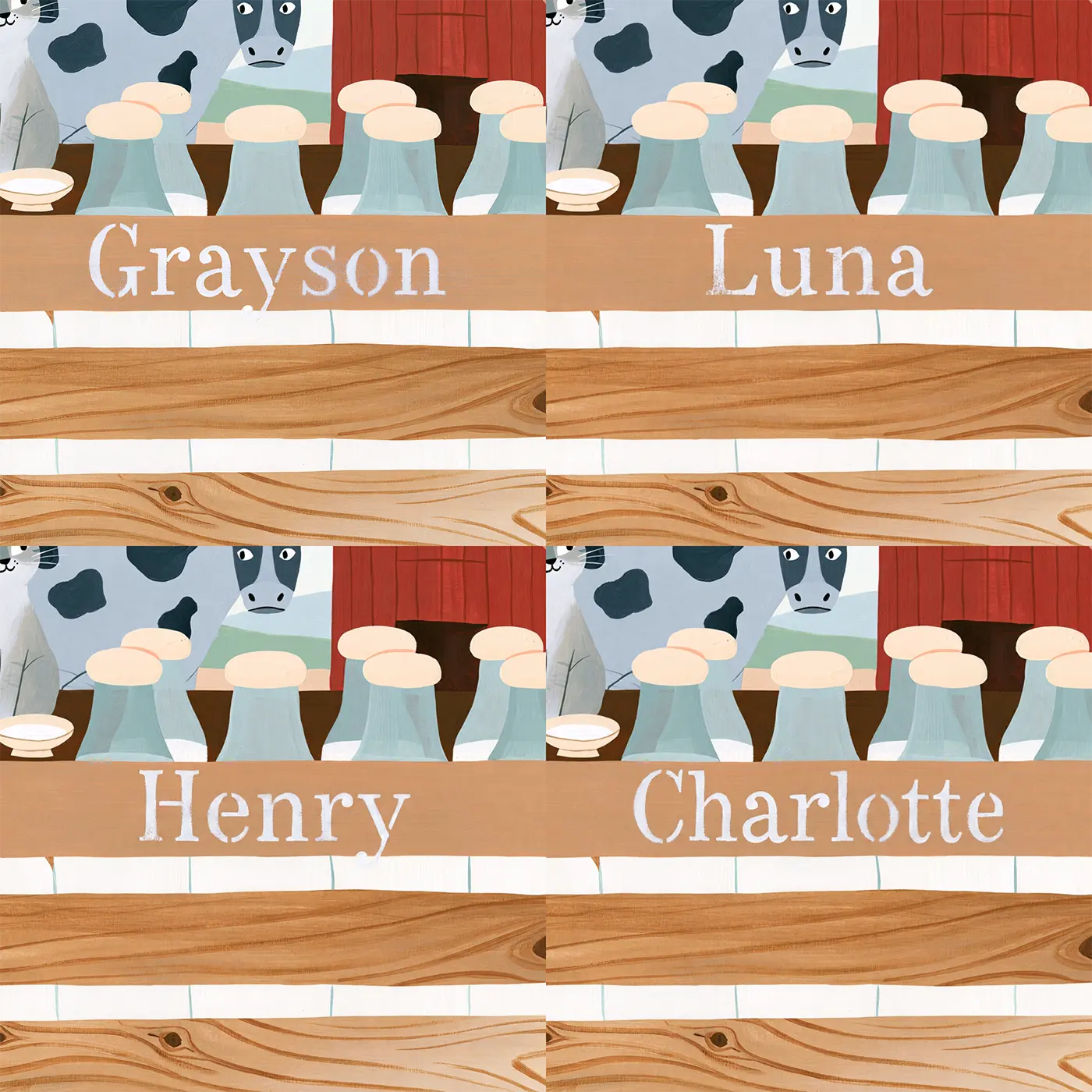Four name preview examples of Flat Milk Bottle Crate Personalized Wall Mural by Whimsy Tots