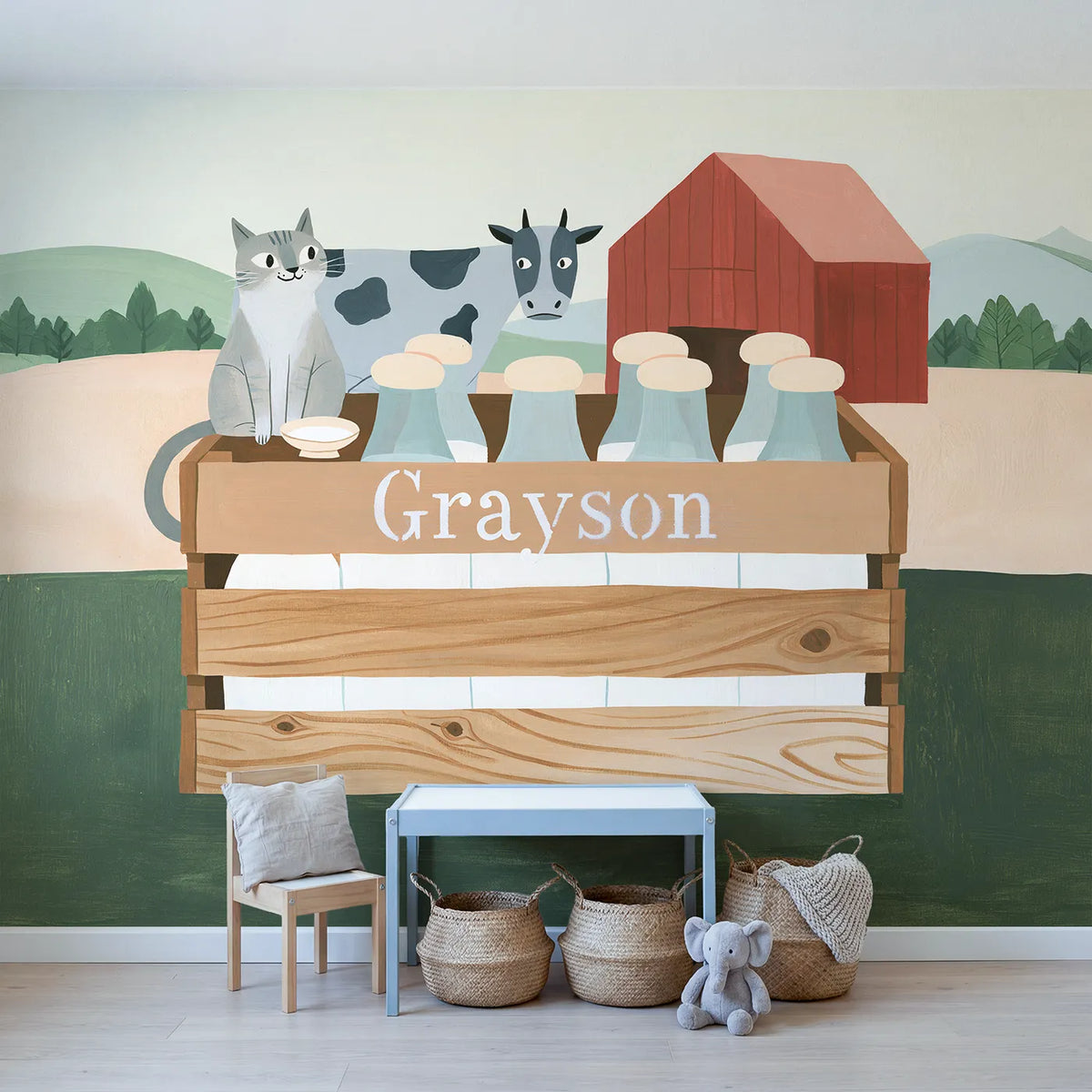Flat Milk Bottle Crate Personalized Wall Mural in playroom setting by Whimsy Tots