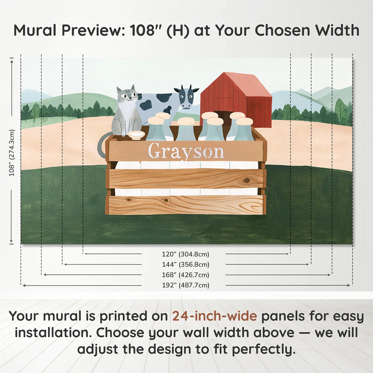 Panel layout and dimensions for Flat Milk Bottle Crate Personalized Wall Mural by Whimsy Tots