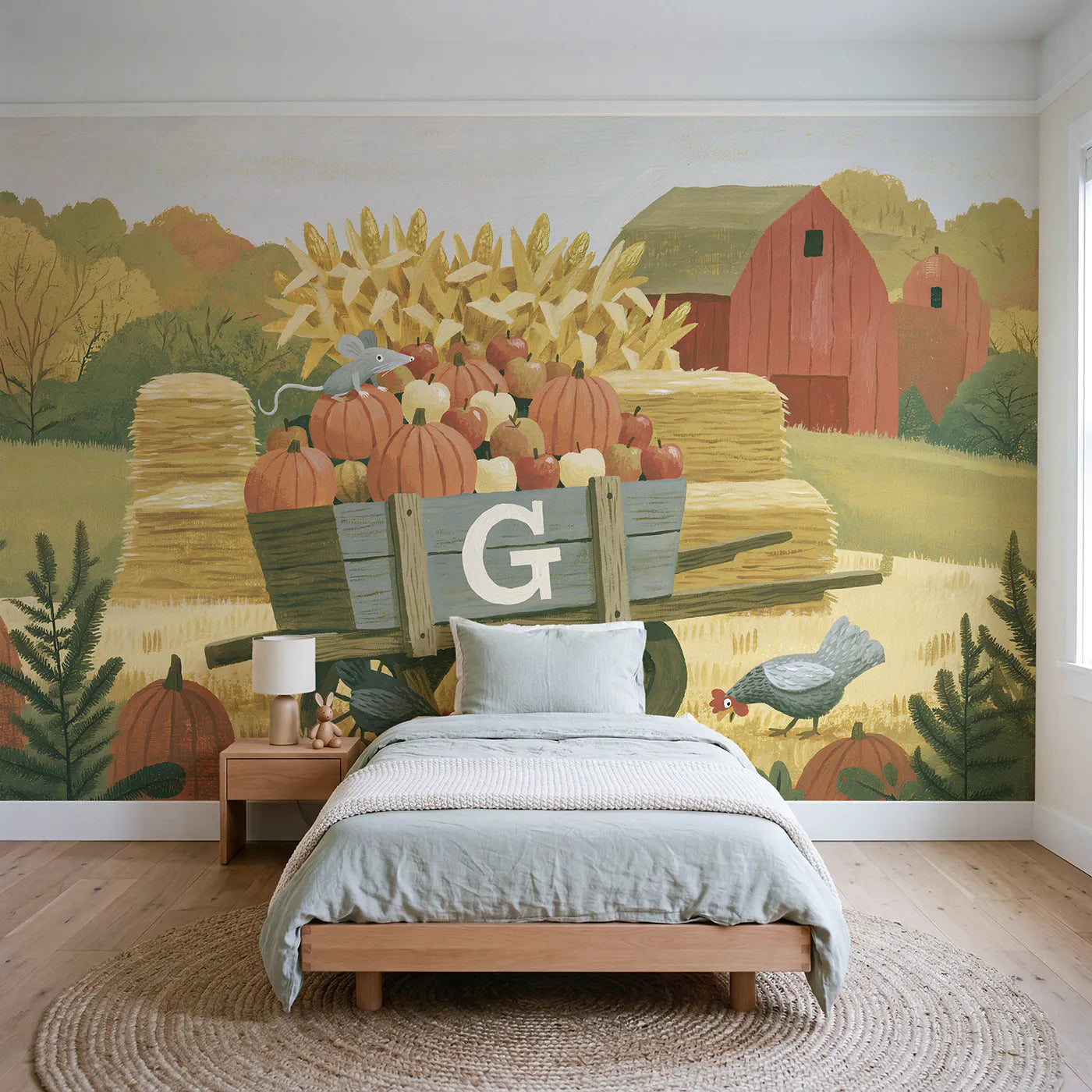 Modern illustration harvest wheelbarrow personalized wall mural with large painted initial by Whimsy Tots