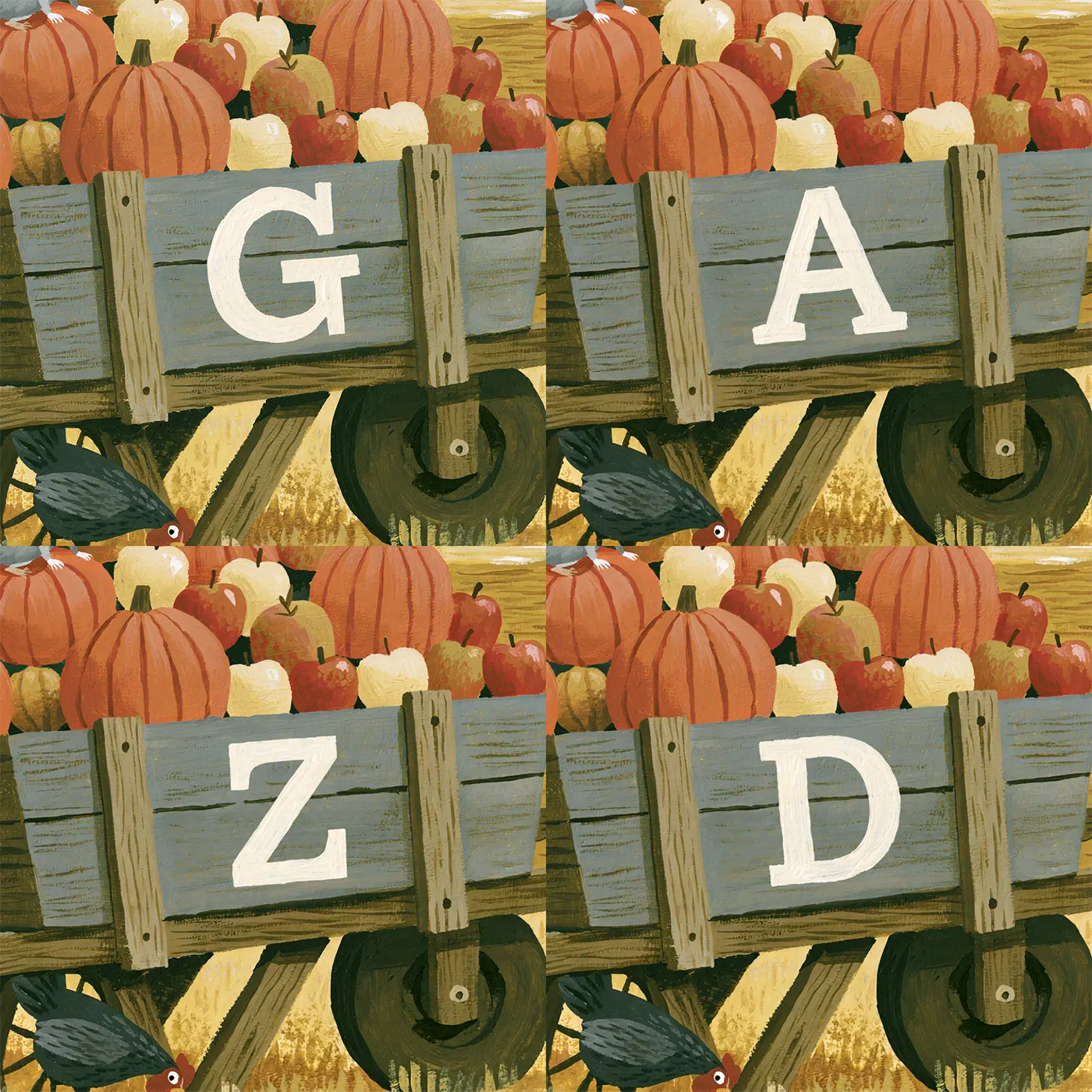 Four name preview examples of Flat Wheelbarrow Harvest Personalized Wall Mural by Whimsy Tots