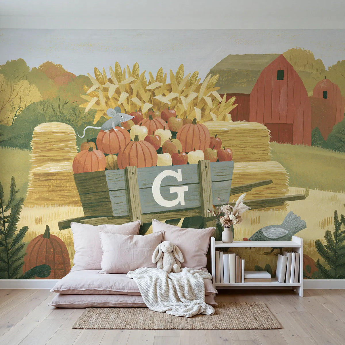 Flat Wheelbarrow Harvest Personalized Wall Mural in playroom setting by Whimsy Tots