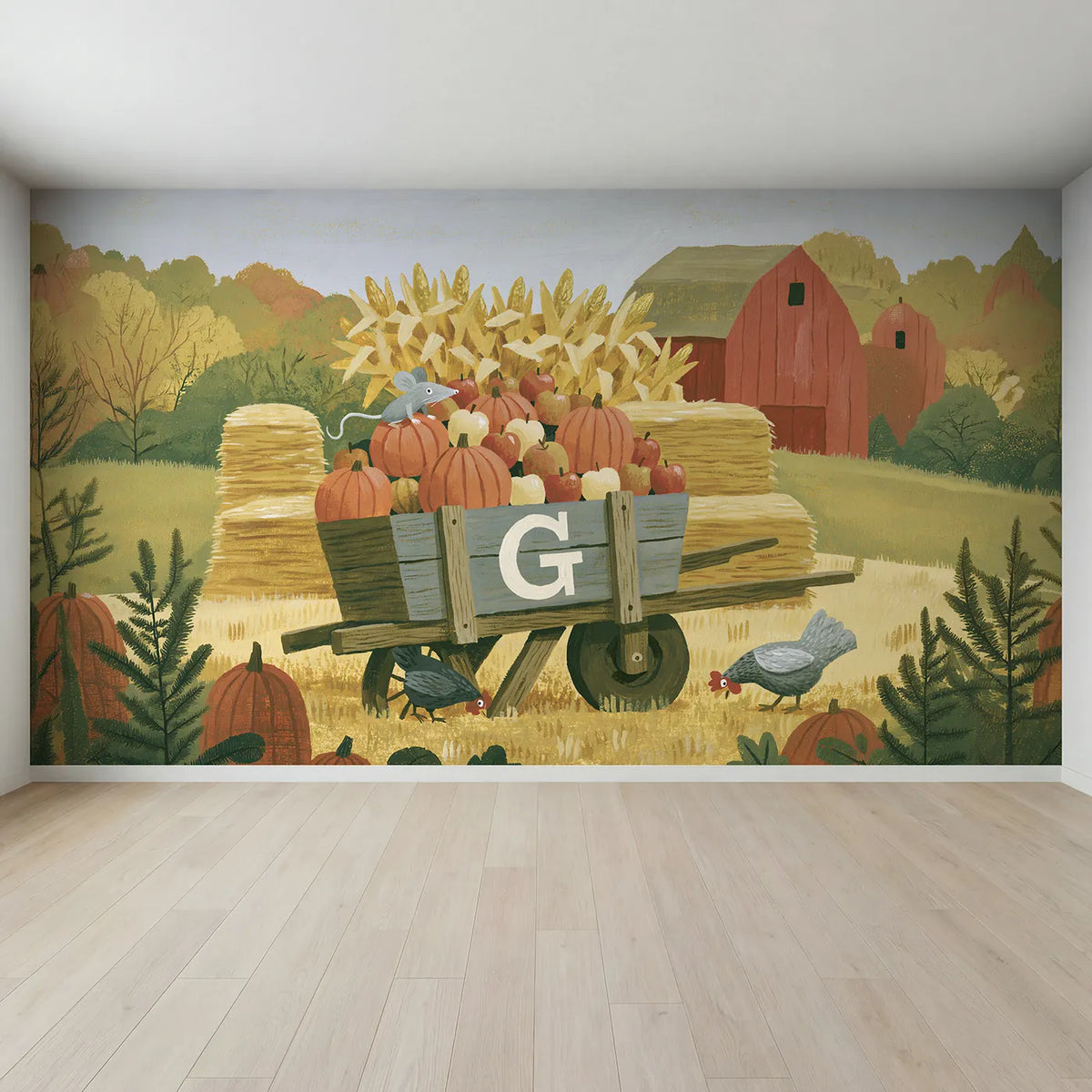 Full view of Flat Wheelbarrow Harvest Personalized Wall Mural by Whimsy Tots