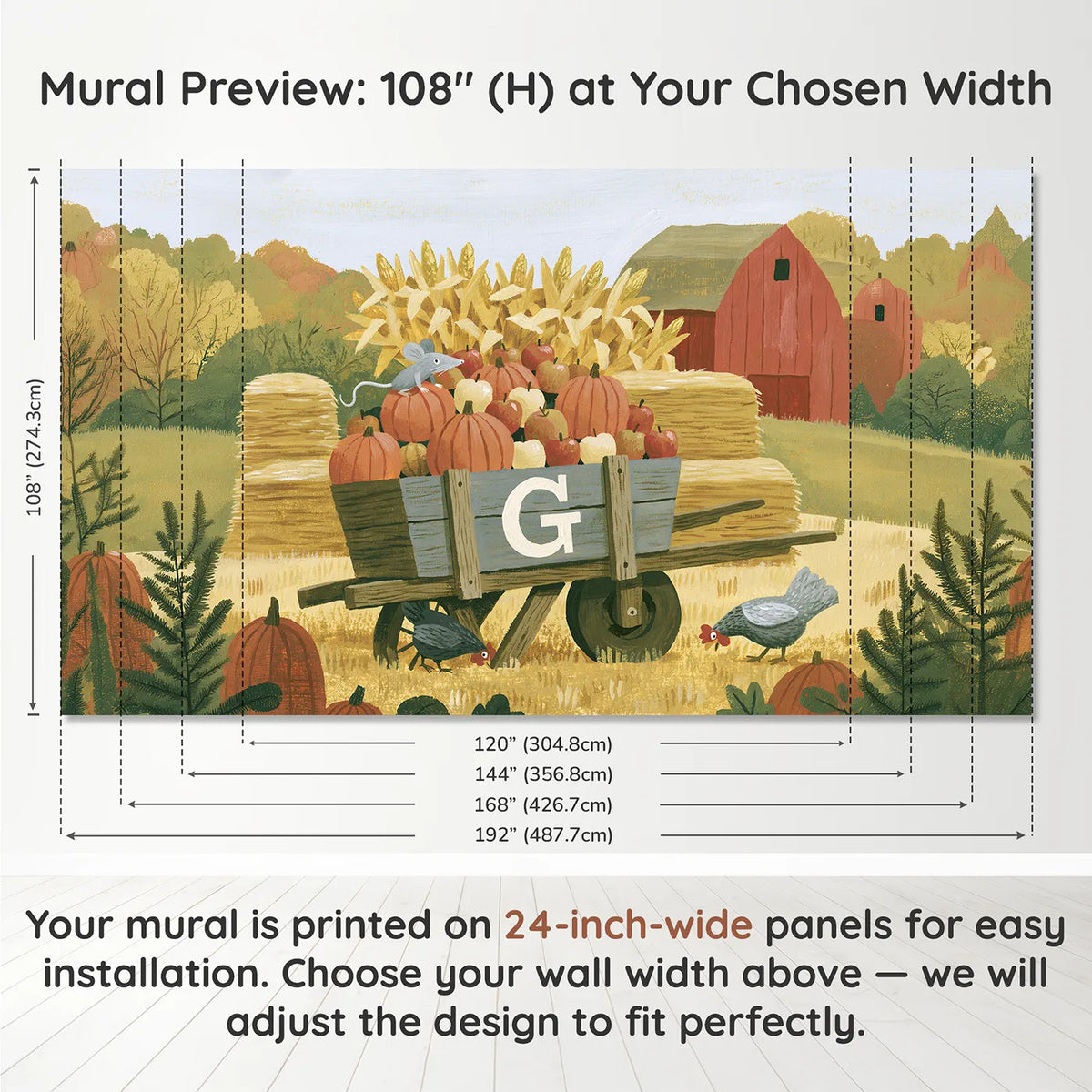 Panel layout and dimensions for Flat Wheelbarrow Harvest Personalized Wall Mural by Whimsy Tots