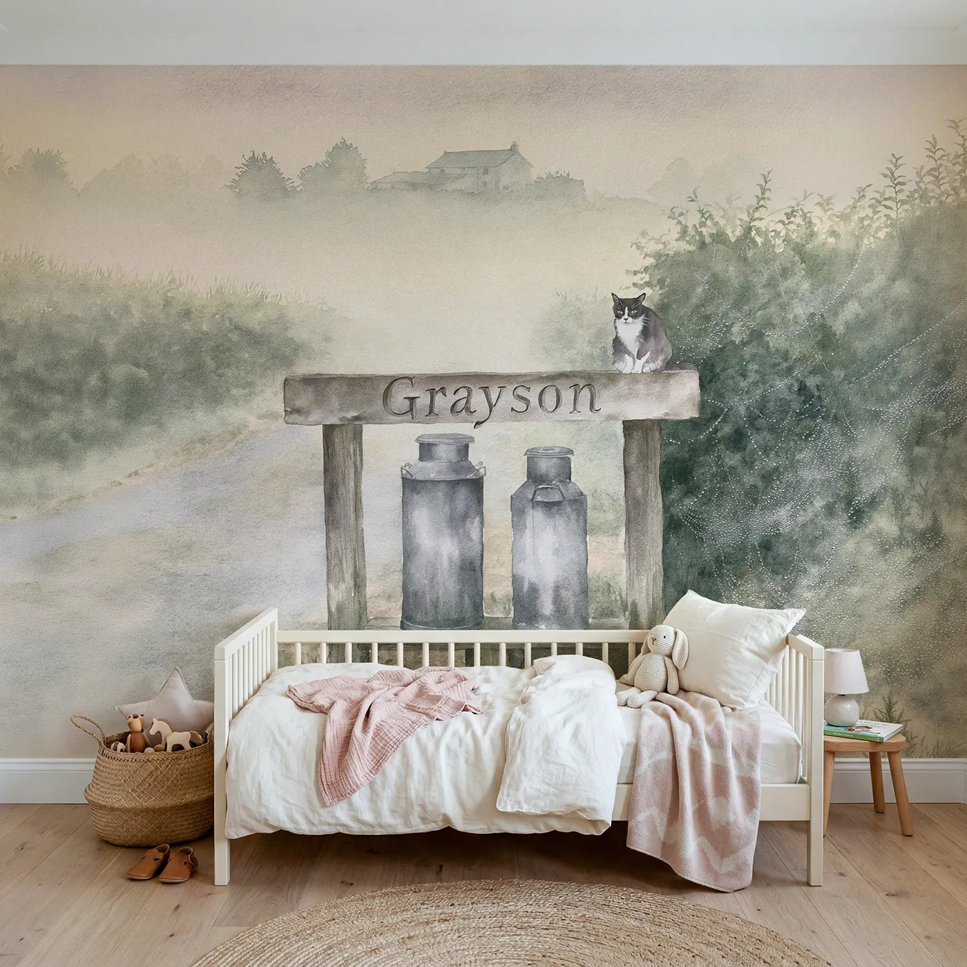 Watercolor misty lane milk churns personalized wall mural with carved top rail by Whimsy Tots