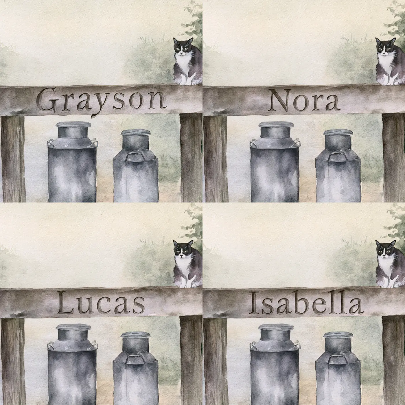 Four name preview examples of Misty Morning Milk Churn Personalized Wall Mural by Whimsy Tots