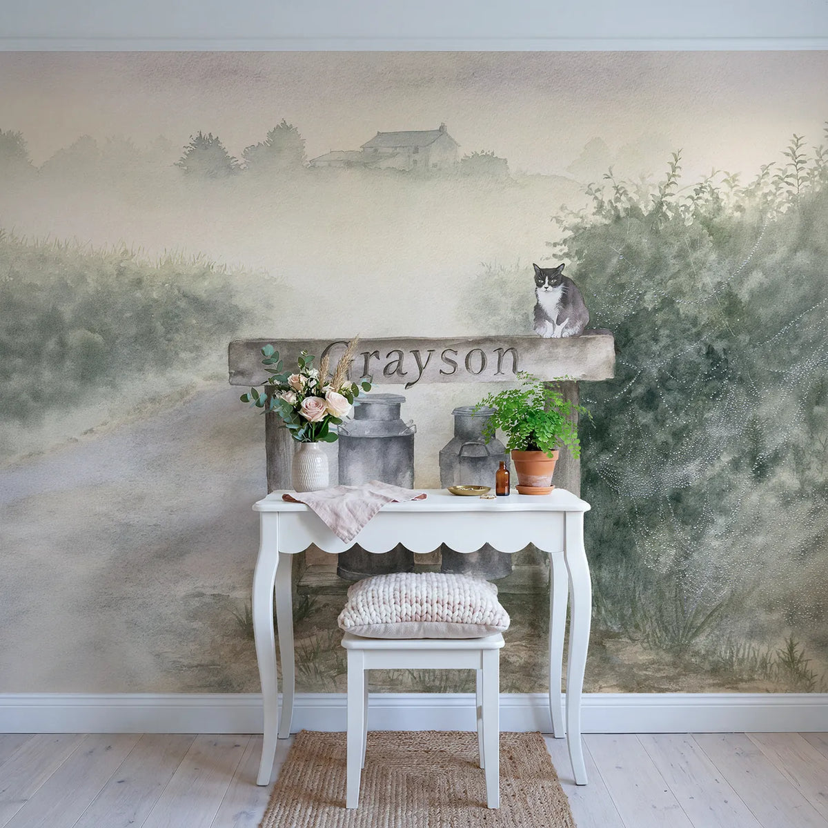 Misty Morning Milk Churn Personalized Wall Mural in playroom setting by Whimsy Tots