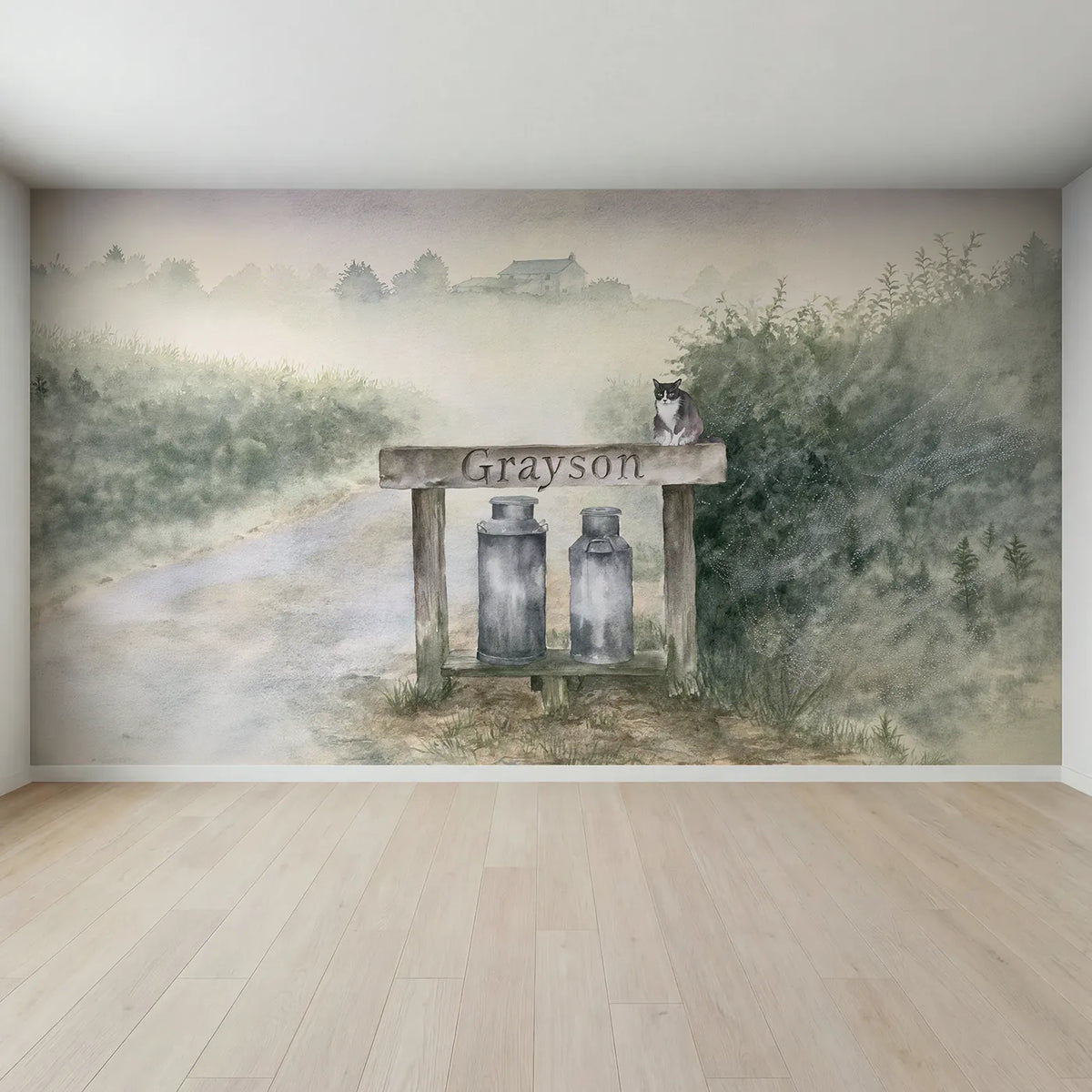 Full view of Misty Morning Milk Churn Personalized Wall Mural by Whimsy Tots