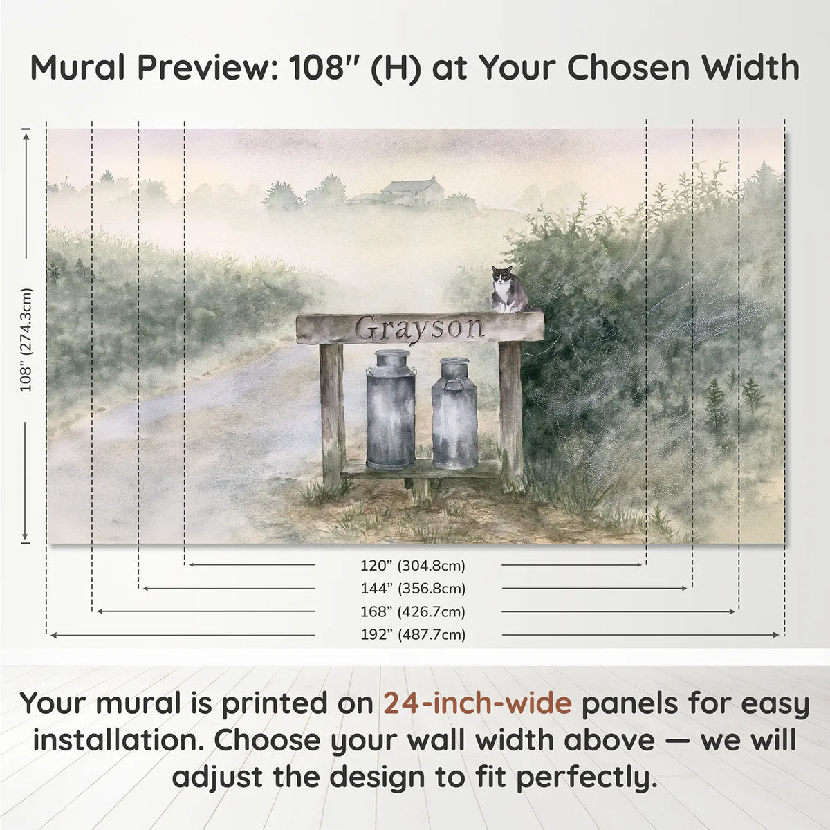 Panel layout and dimensions for Misty Morning Milk Churn Personalized Wall Mural by Whimsy Tots