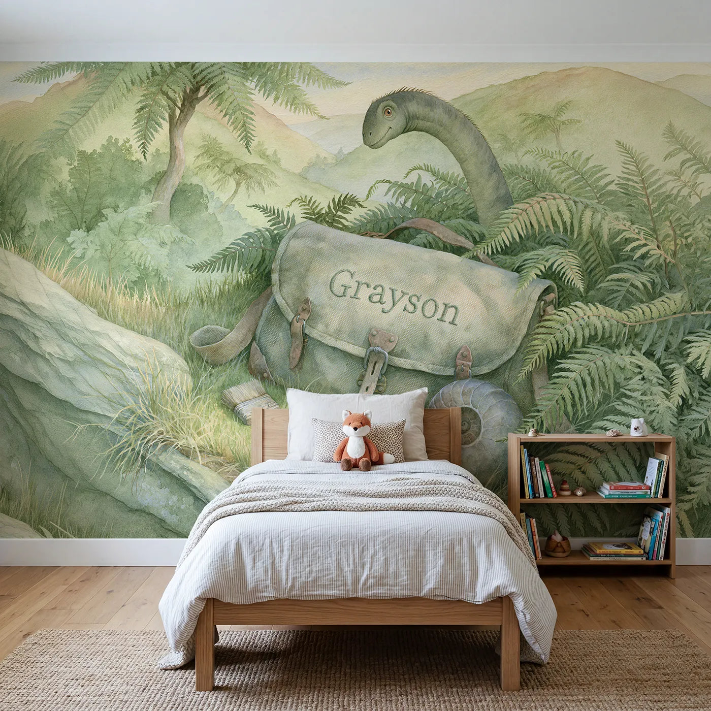 Storybook dinosaur explorer satchel personalized wall mural with embroidered canvas flap by Whimsy Tots