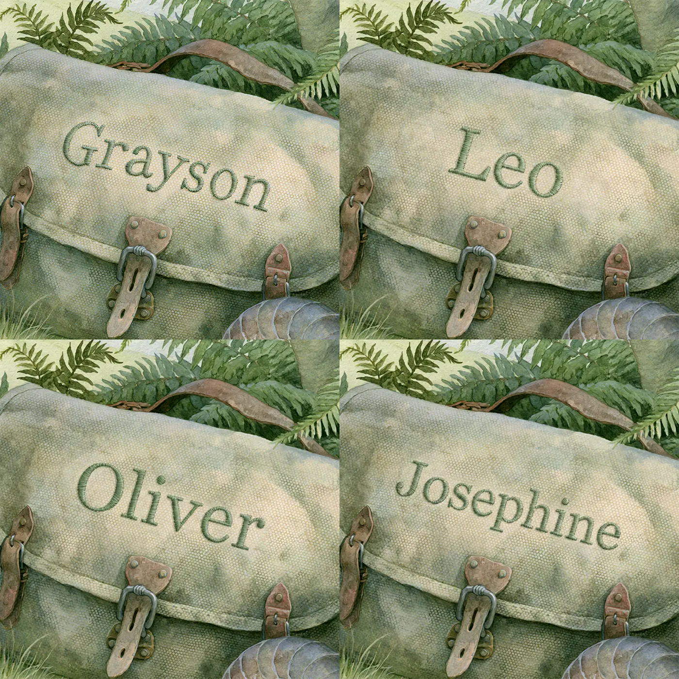 Four name preview examples of Dino Explorer Satchel Personalized Wall Mural by Whimsy Tots