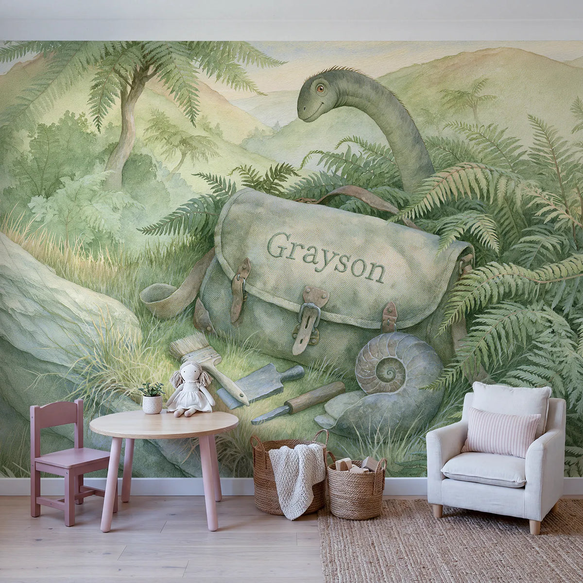 Dino Explorer Satchel Personalized Wall Mural in playroom setting by Whimsy Tots