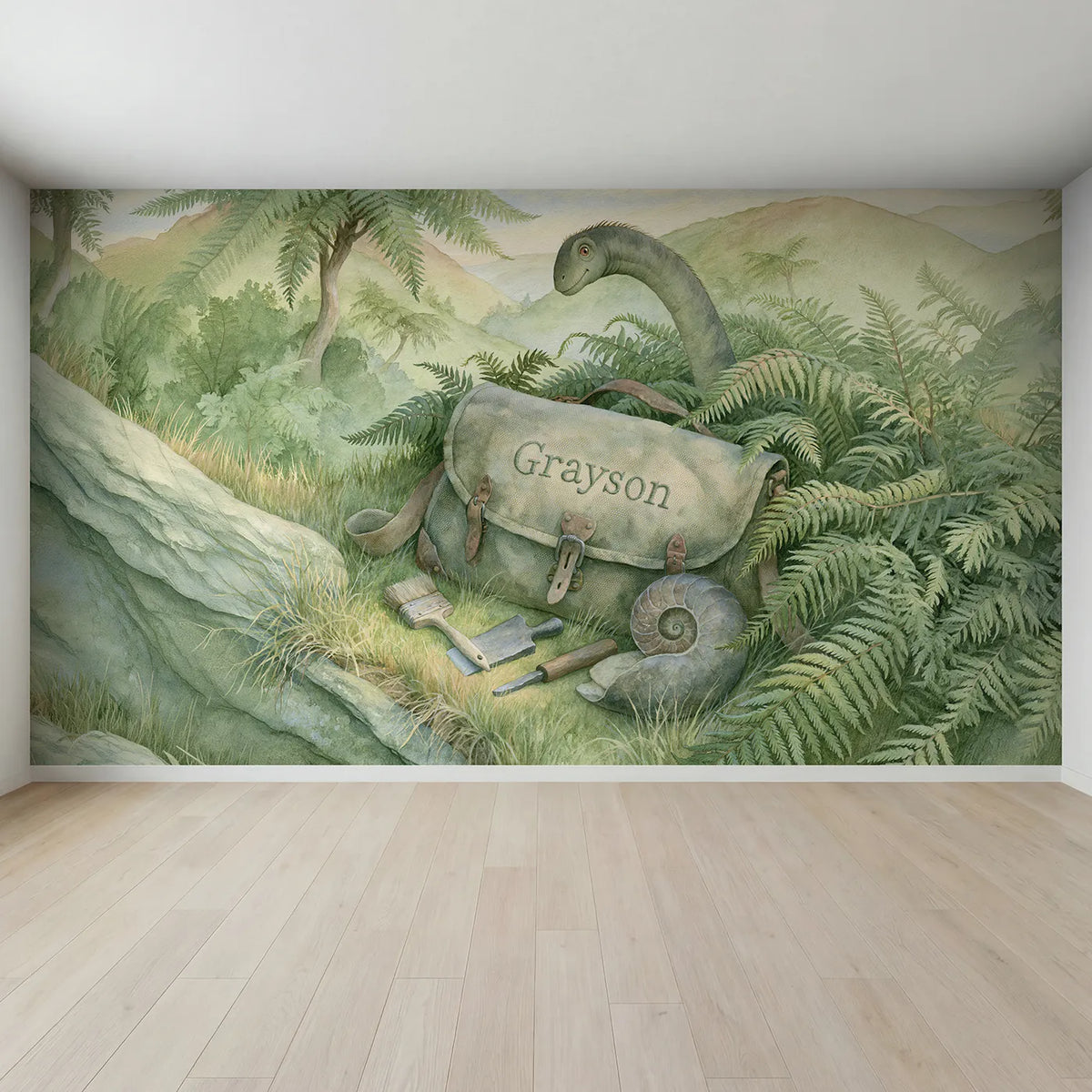 Full view of Dino Explorer Satchel Personalized Wall Mural by Whimsy Tots