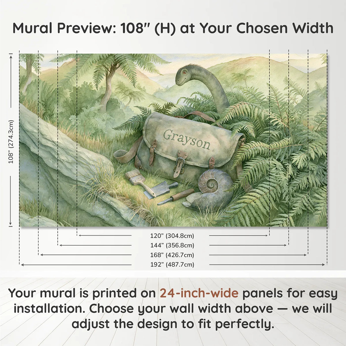 Panel layout and dimensions for Dino Explorer Satchel Personalized Wall Mural by Whimsy Tots