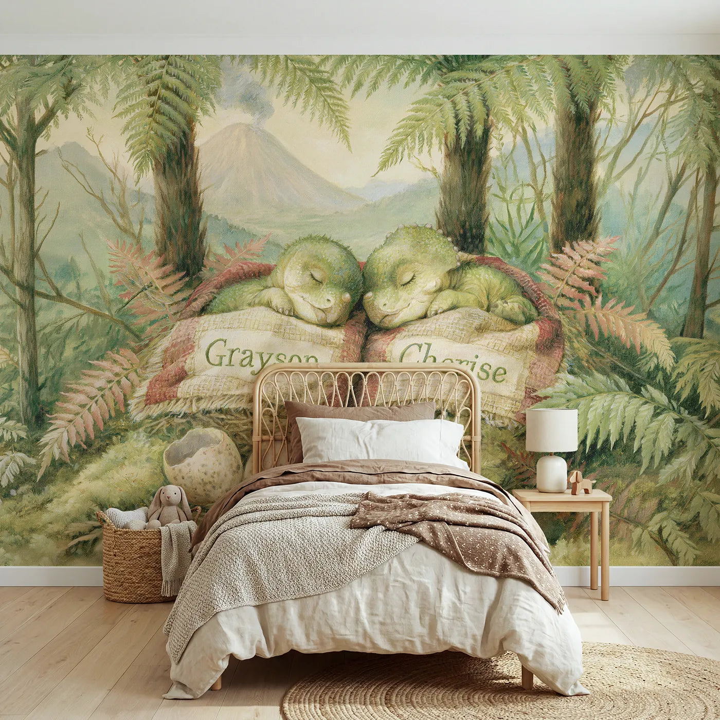 Storybook two baby dinosaurs personalized wall mural with embroidered blanket hems by Whimsy Tots