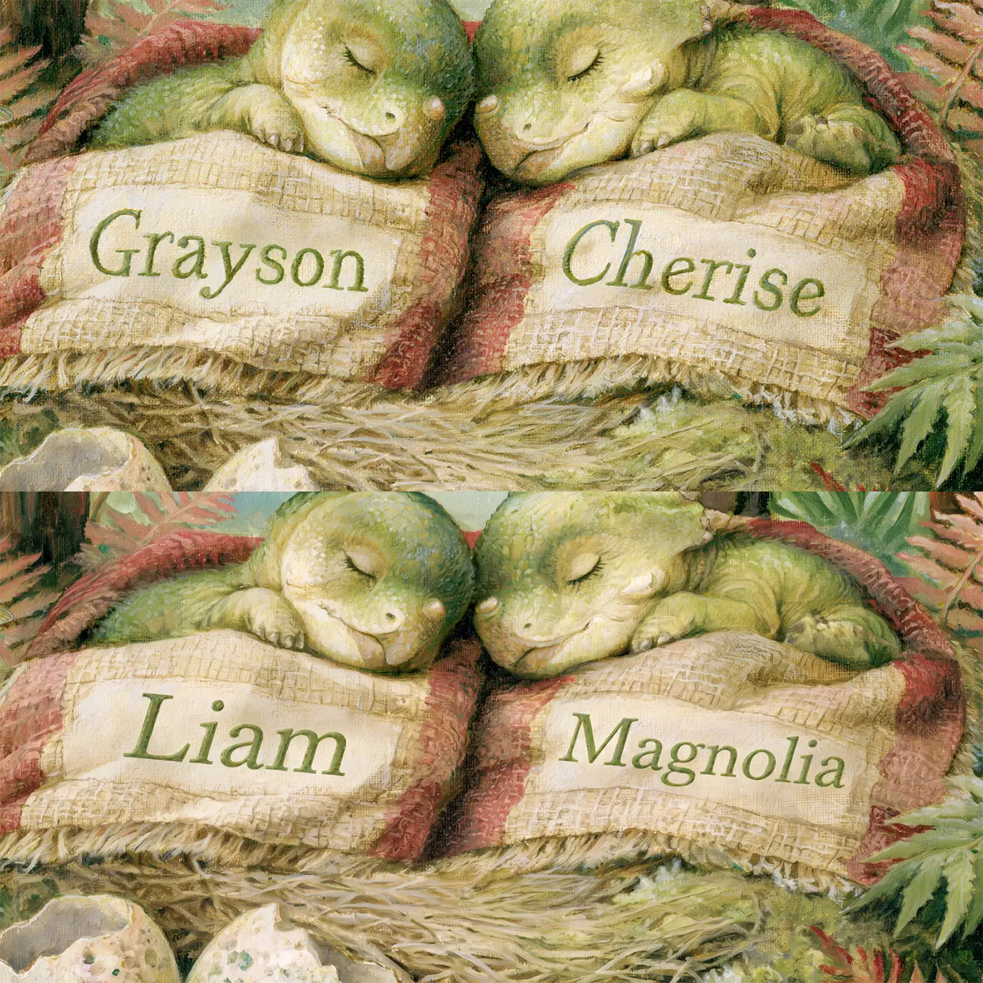 Four name preview examples of Two Baby Dinos Blanket Personalized Wall Mural by Whimsy Tots