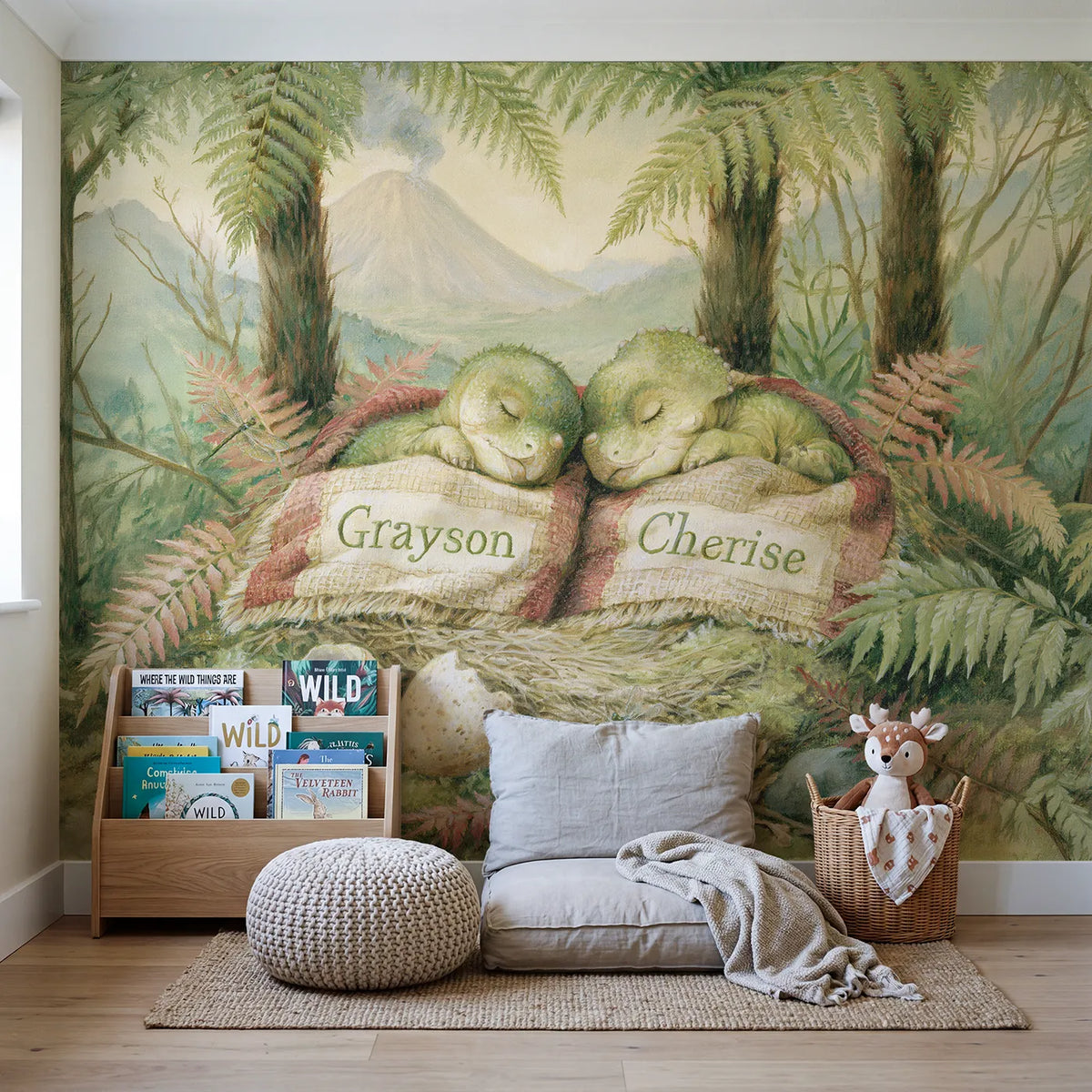 Two Baby Dinos Blanket Personalized Wall Mural in playroom setting by Whimsy Tots