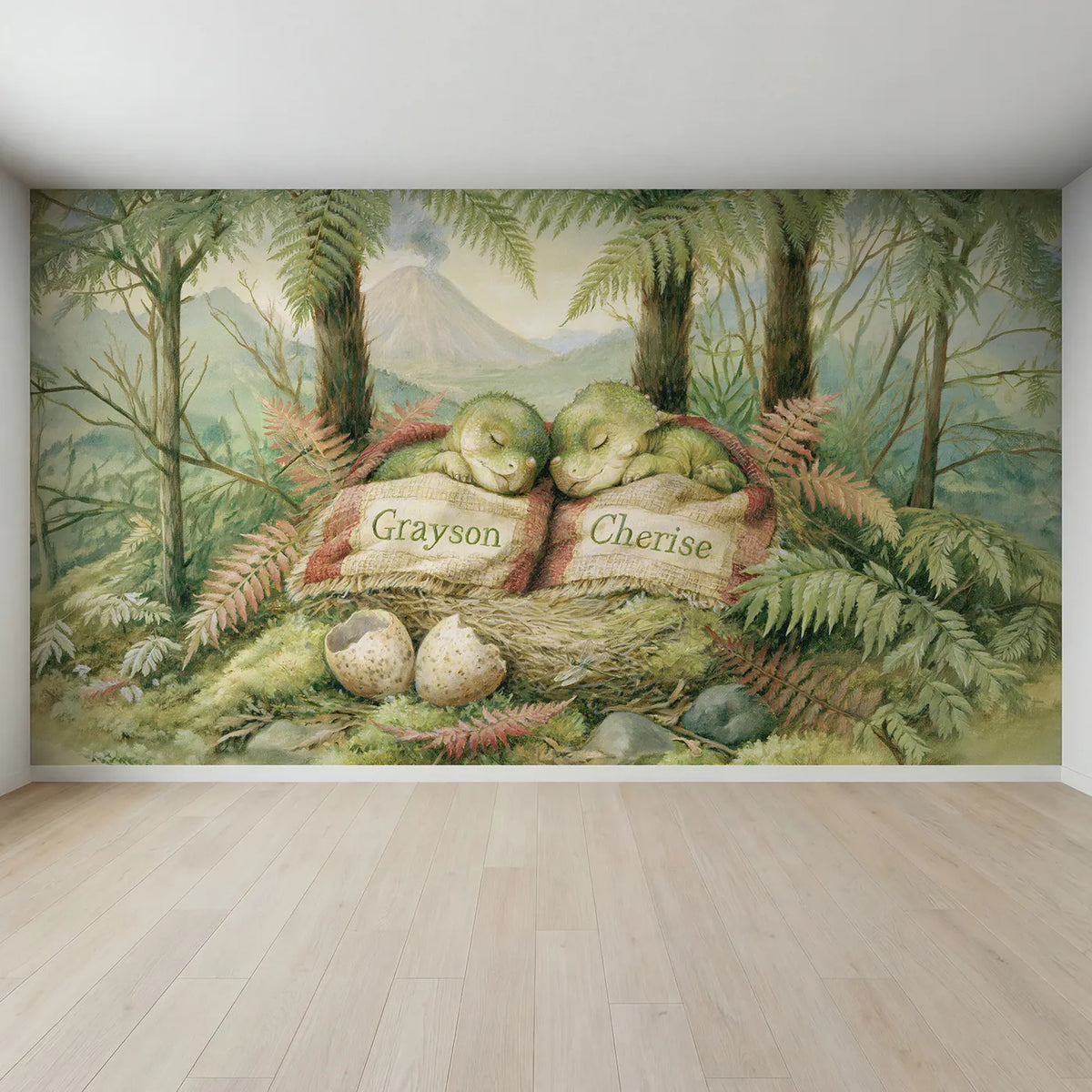 Full view of Two Baby Dinos Blanket Personalized Wall Mural by Whimsy Tots