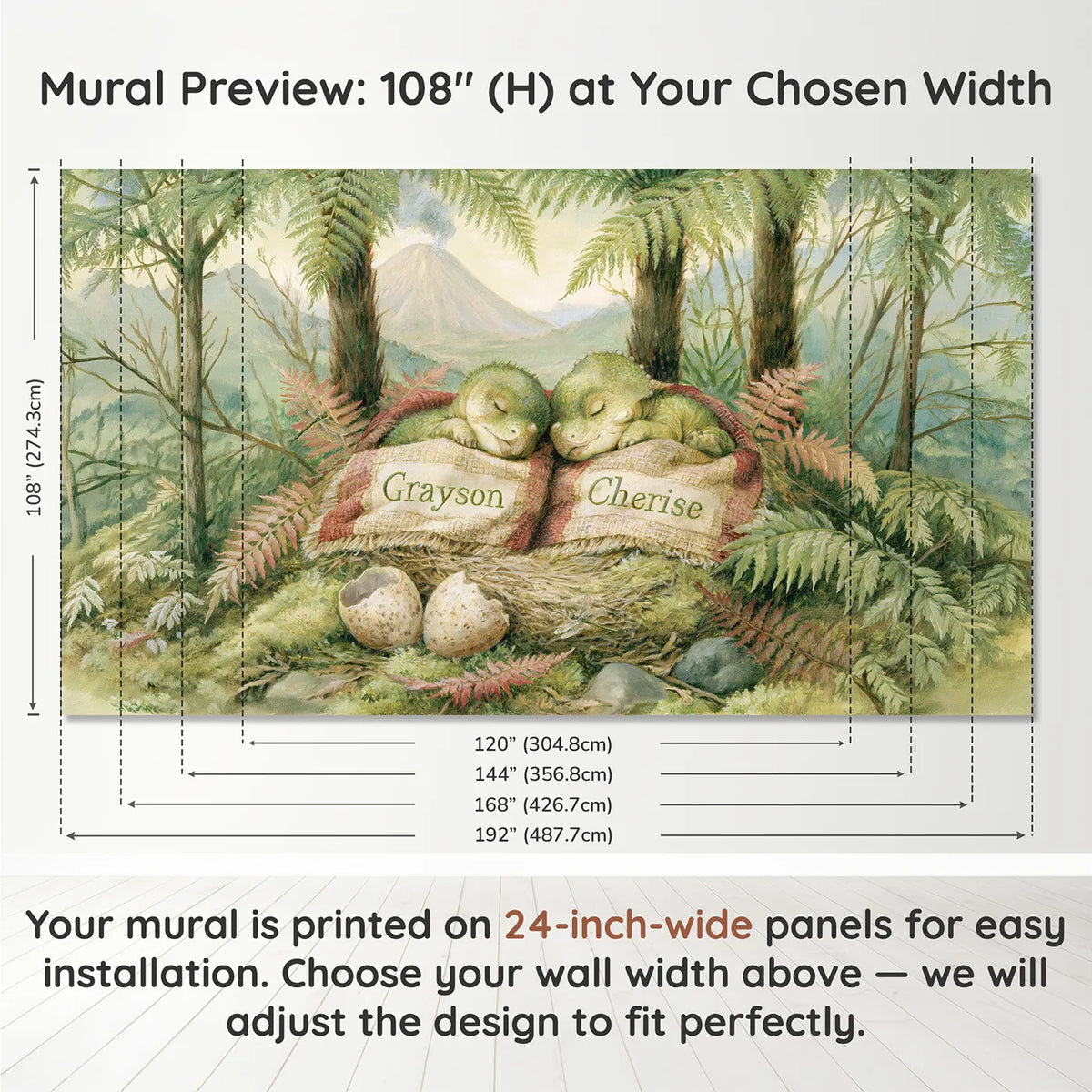 Panel layout and dimensions for Two Baby Dinos Blanket Personalized Wall Mural by Whimsy Tots
