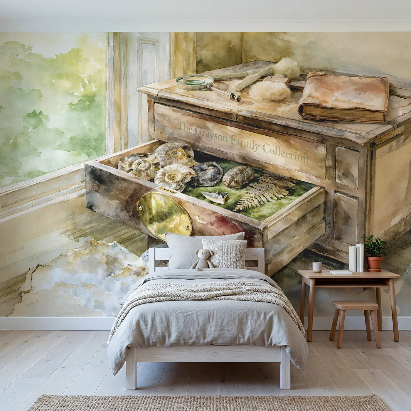 Watercolor fossil cabinet personalized wall mural with engraved brass drawer plate by Whimsy Tots