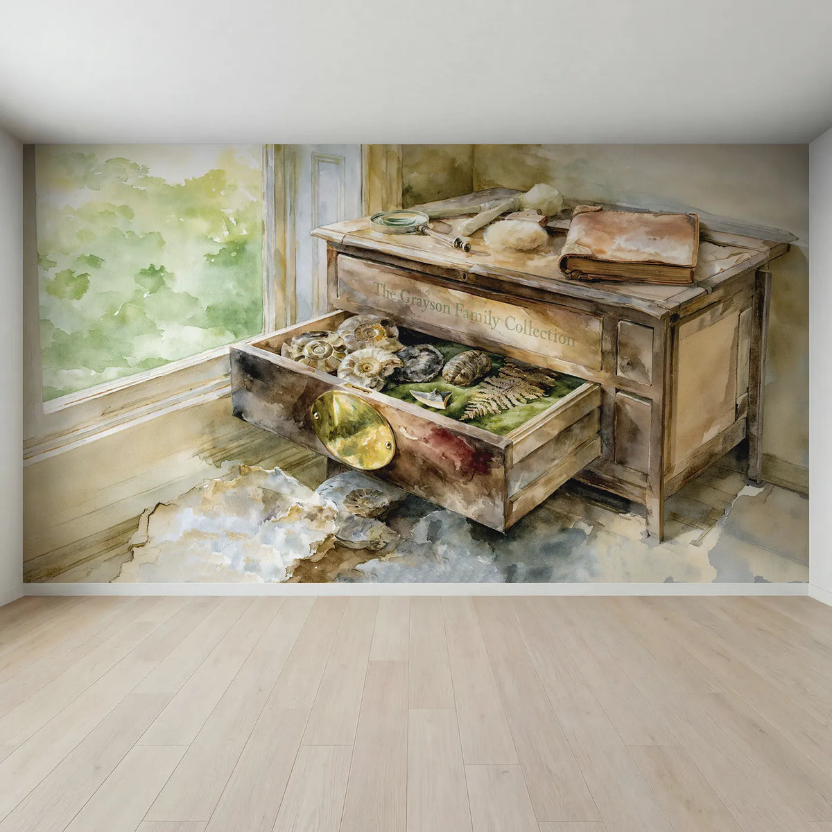 Full view of Family Fossil Cabinet Personalized Wall Mural by Whimsy Tots