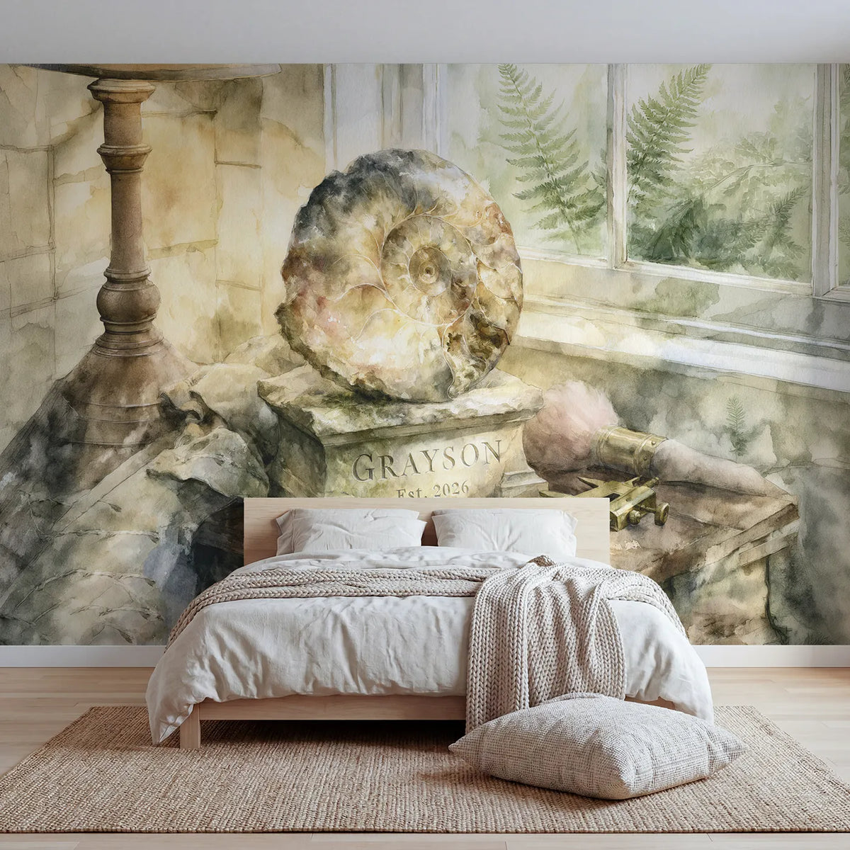 Watercolor ammonite keepsake personalized wall mural with carved stone plinth and year by Whimsy Tots