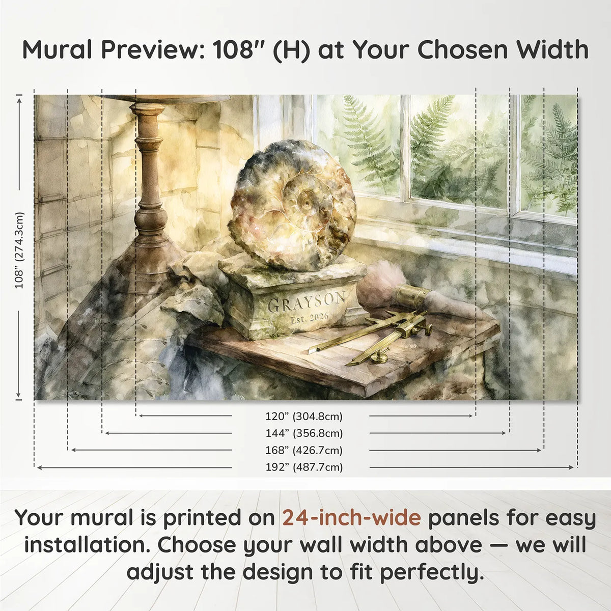 Panel layout and dimensions for Ammonite Keepsake Personalized Wall Mural by Whimsy Tots