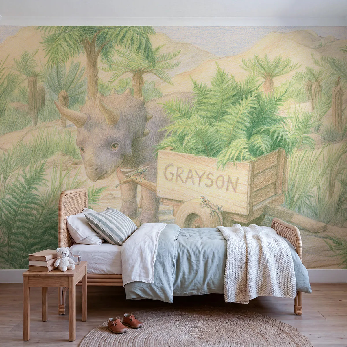 Colored pencil triceratops fern cart personalized wall mural with lettered side board by Whimsy Tots