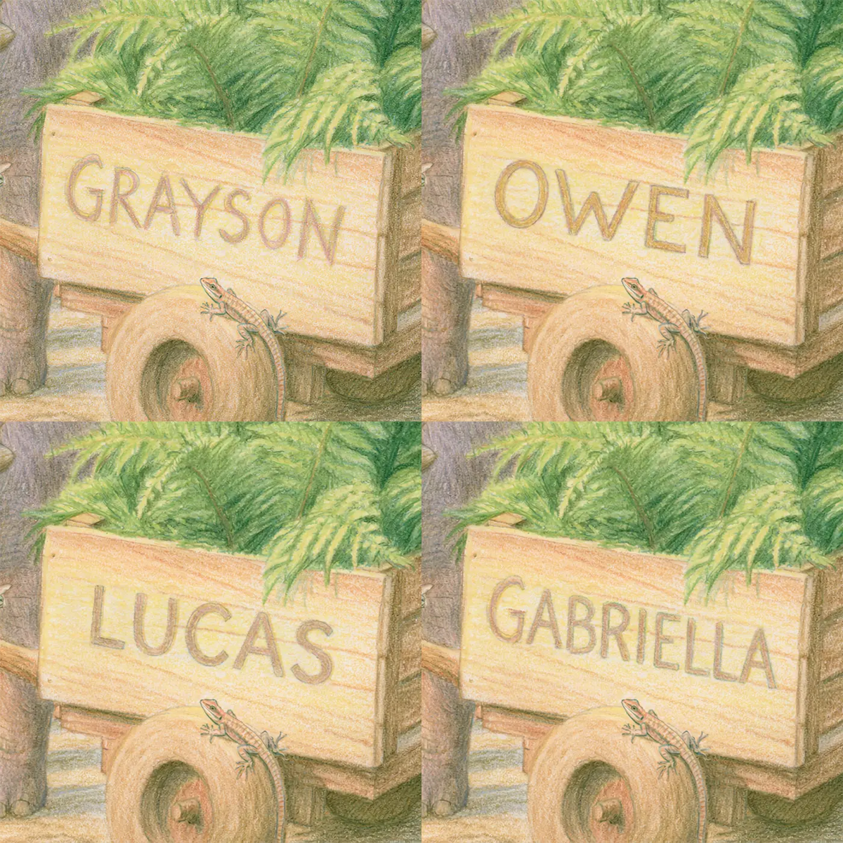 Four name preview examples of Triceratops and the Fern Cart Personalized Wall Mural by Whimsy Tots