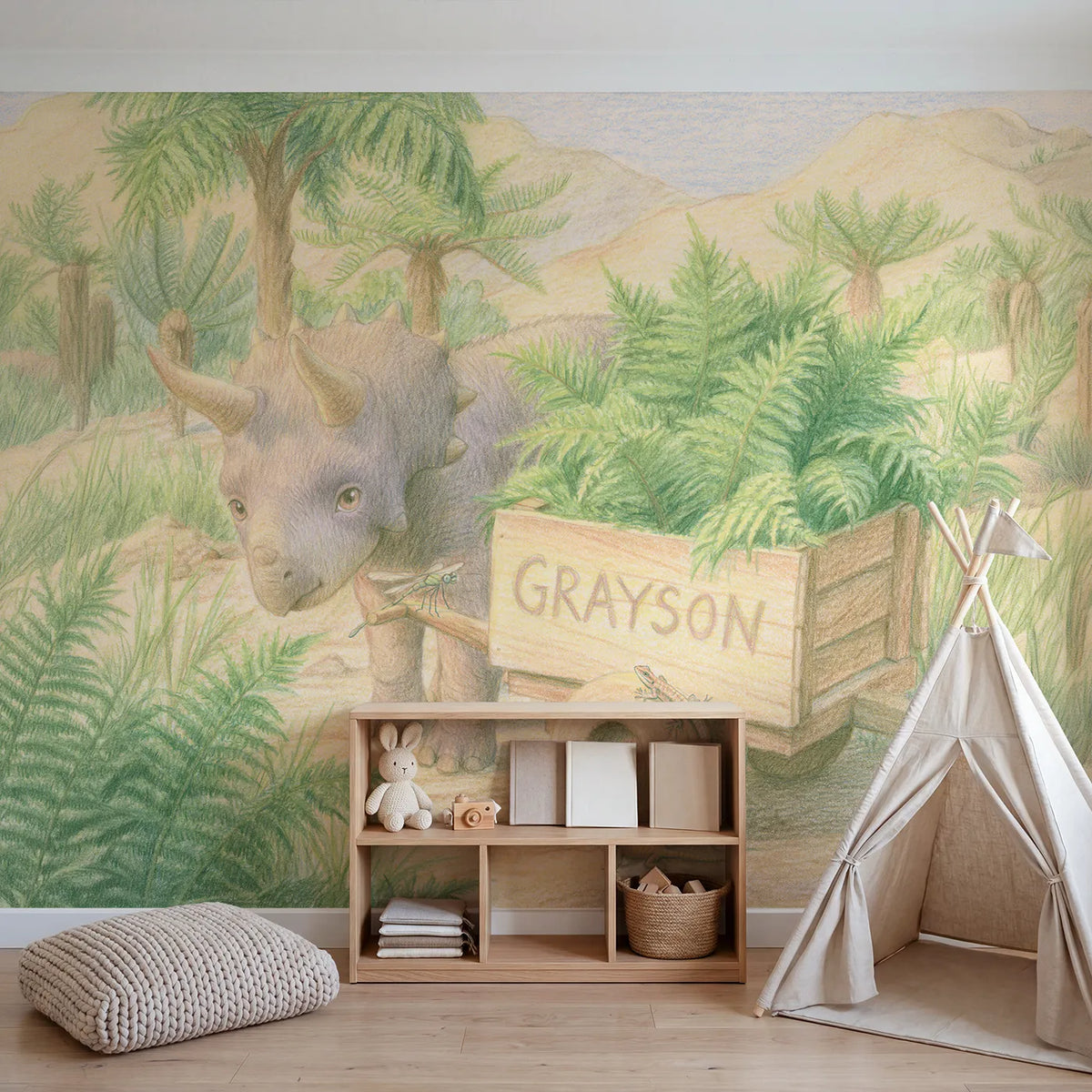 Triceratops and the Fern Cart Personalized Wall Mural in playroom setting by Whimsy Tots