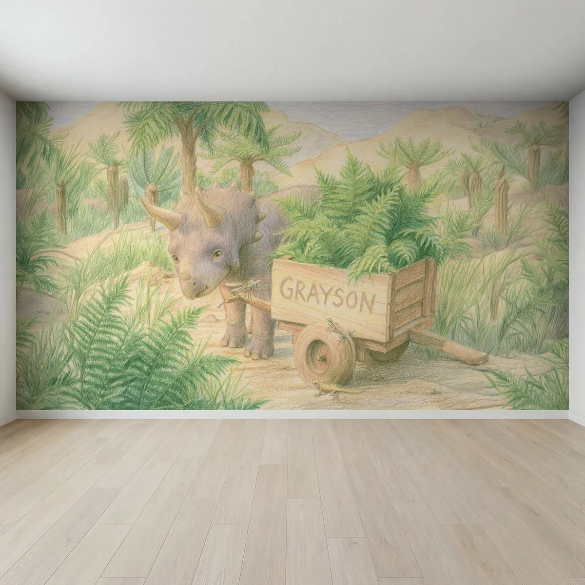 Full view of Triceratops and the Fern Cart Personalized Wall Mural by Whimsy Tots