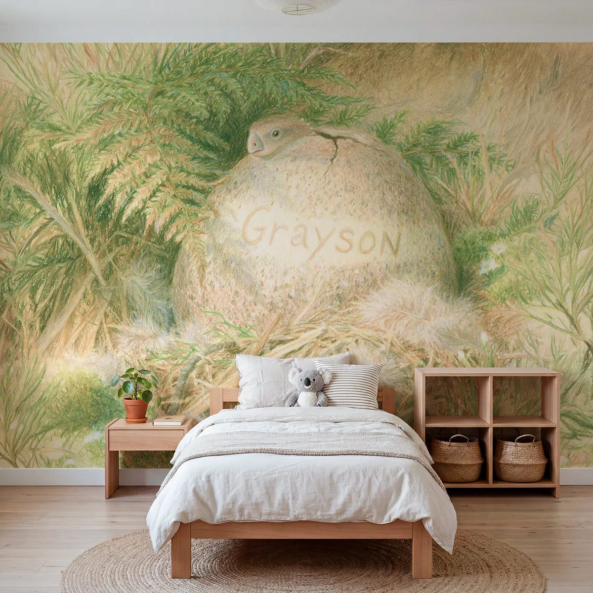 Colored pencil dinosaur egg nest personalized wall mural with lettered speckled shell by Whimsy Tots
