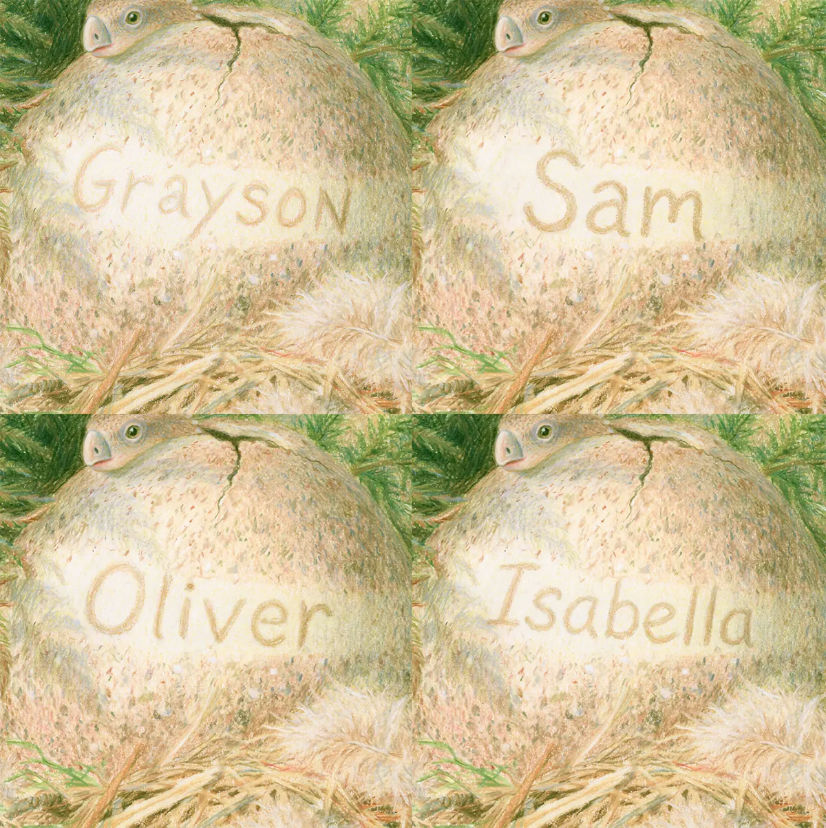 Four name preview examples of Dino Egg in the Nest Personalized Wall Mural by Whimsy Tots