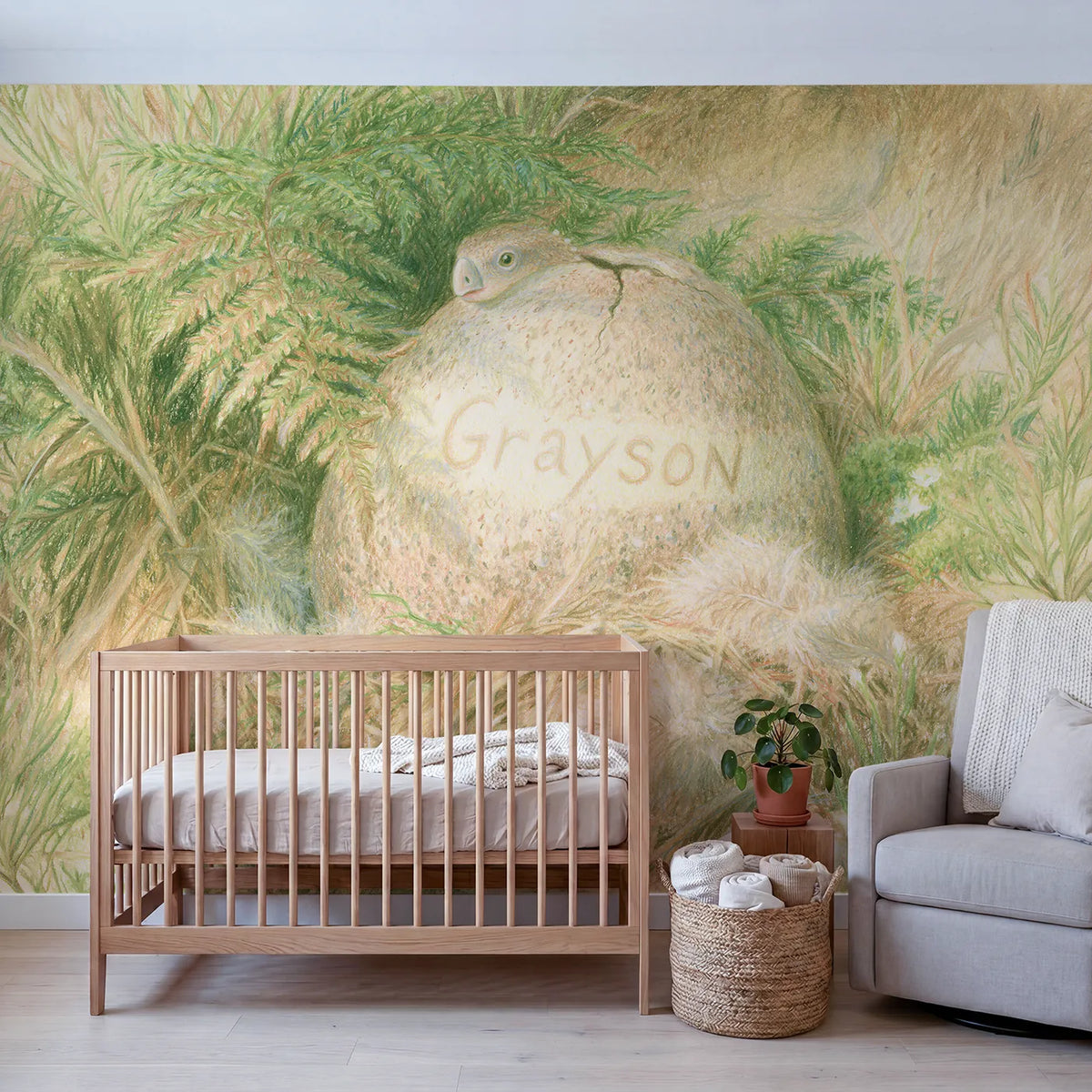 Dino Egg in the Nest Personalized Wall Mural in playroom setting by Whimsy Tots