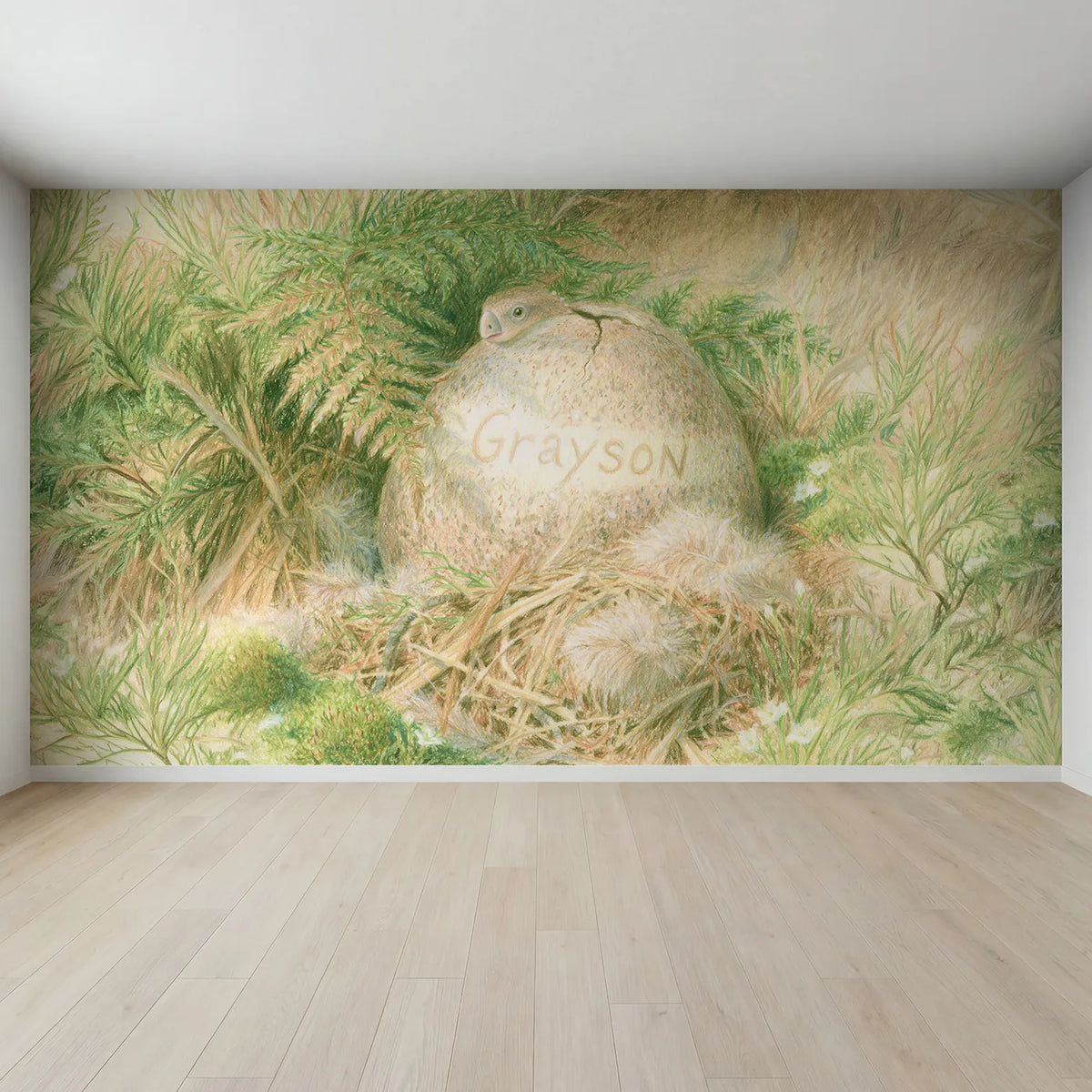 Full view of Dino Egg in the Nest Personalized Wall Mural by Whimsy Tots
