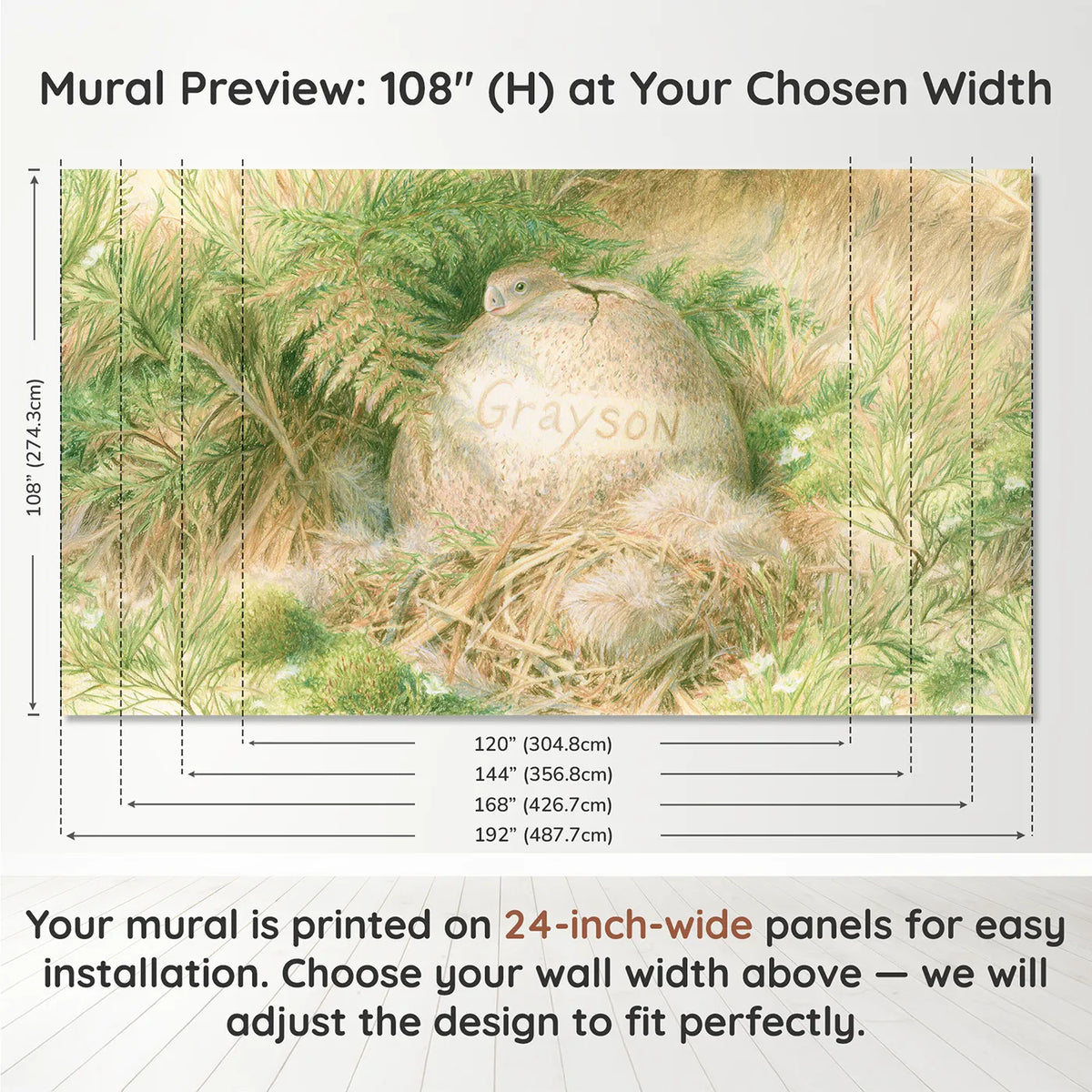 Panel layout and dimensions for Dino Egg in the Nest Personalized Wall Mural by Whimsy Tots